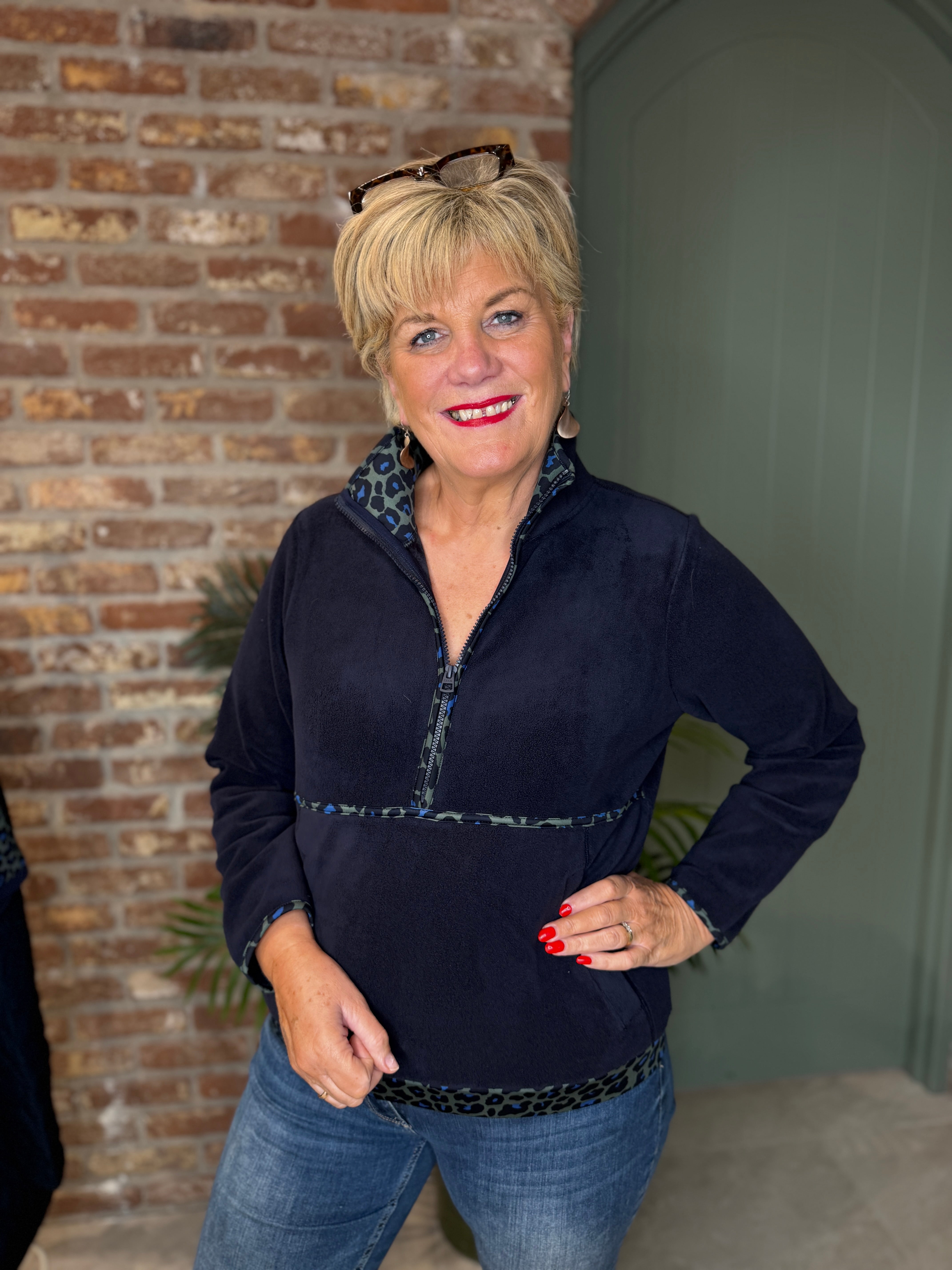 Fleece with Leo print trims in Navy multi