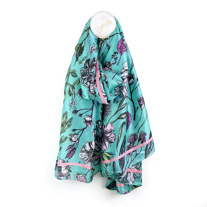 Pom botanical print silky scarf In Turquoise