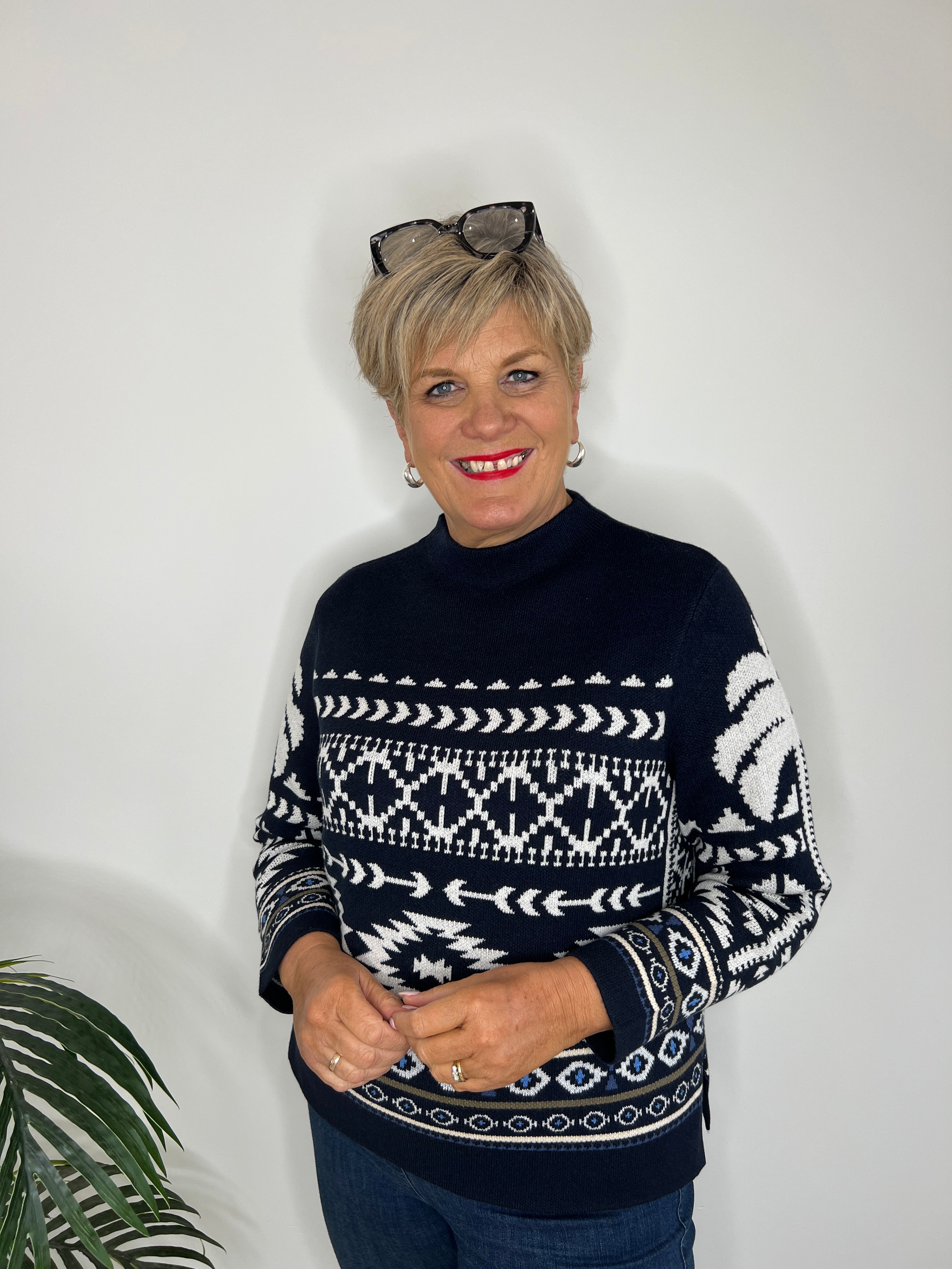Oui Norwegian Pattern Pullover In Dark blue & white