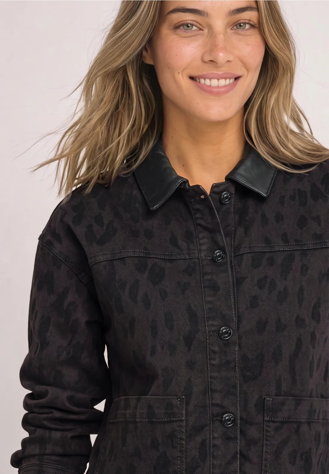 Leo print denim jacket in brown & black mix