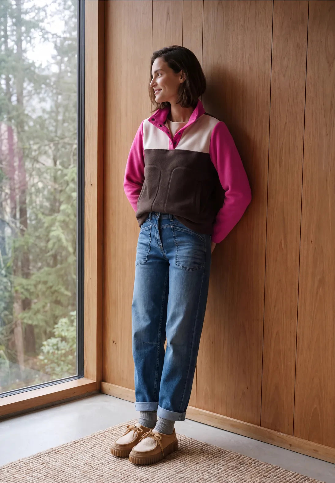 Colour block fleece in pink flash