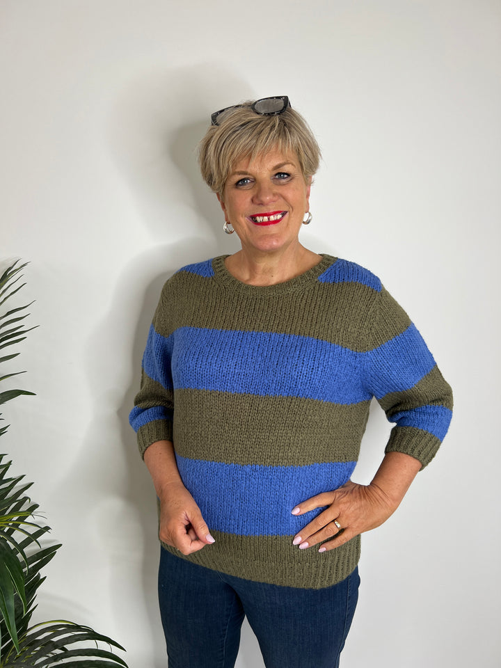 Oui Esmy Striped Pullover In Khaki & Blue