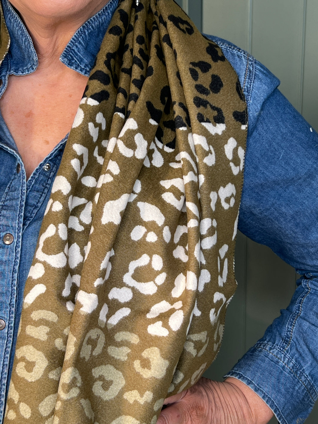 Sophie Leopard Print Scarf In Olive Multi