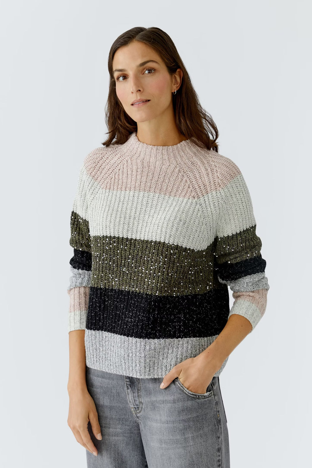 Oui Block Striped Pullover In Khaki Rose