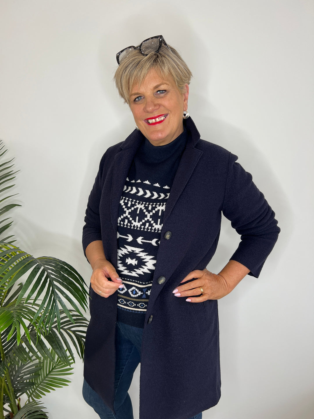 Oui Norwegian Pattern Pullover In Dark blue & white