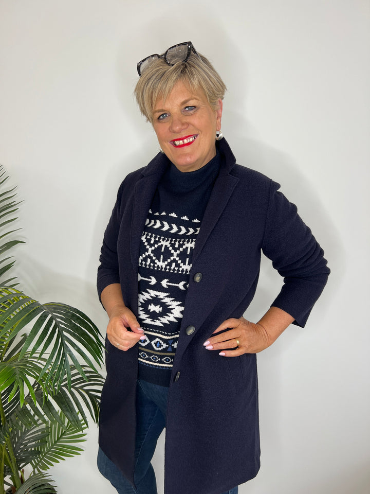 Oui Norwegian Pattern Pullover In Dark blue & white