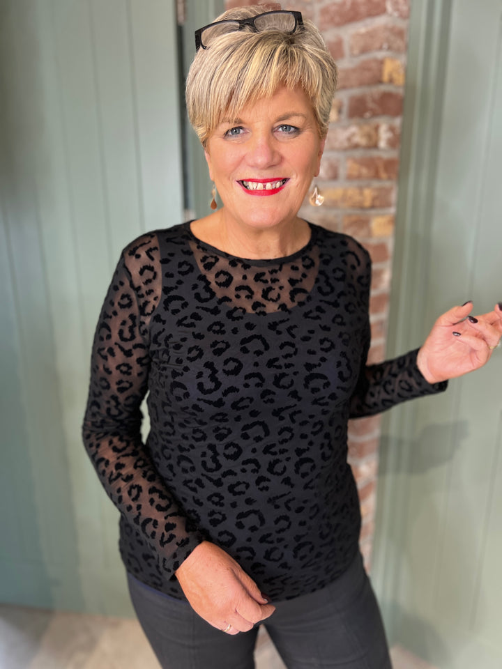 Milano Italy Mesh Top With Leopard In Black