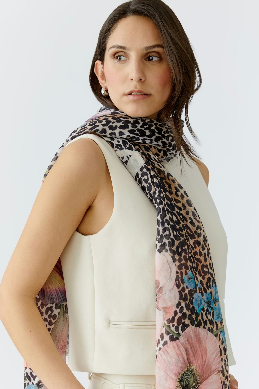 Oui Leopard & Floral Scarf In Gold Red
