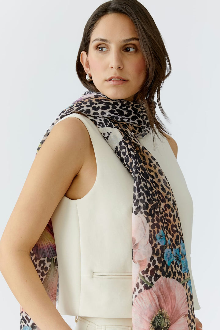 Oui Leopard & Floral Scarf In Gold Red