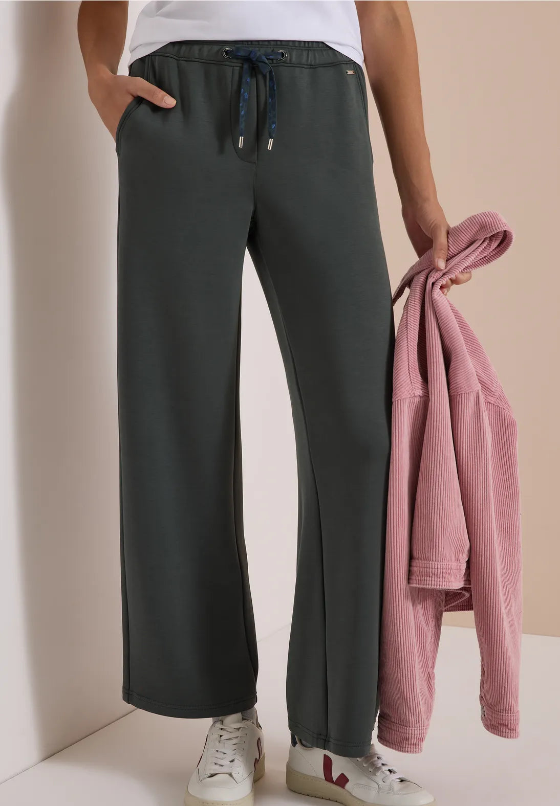 Neele wide leg silk trousers in faded olive