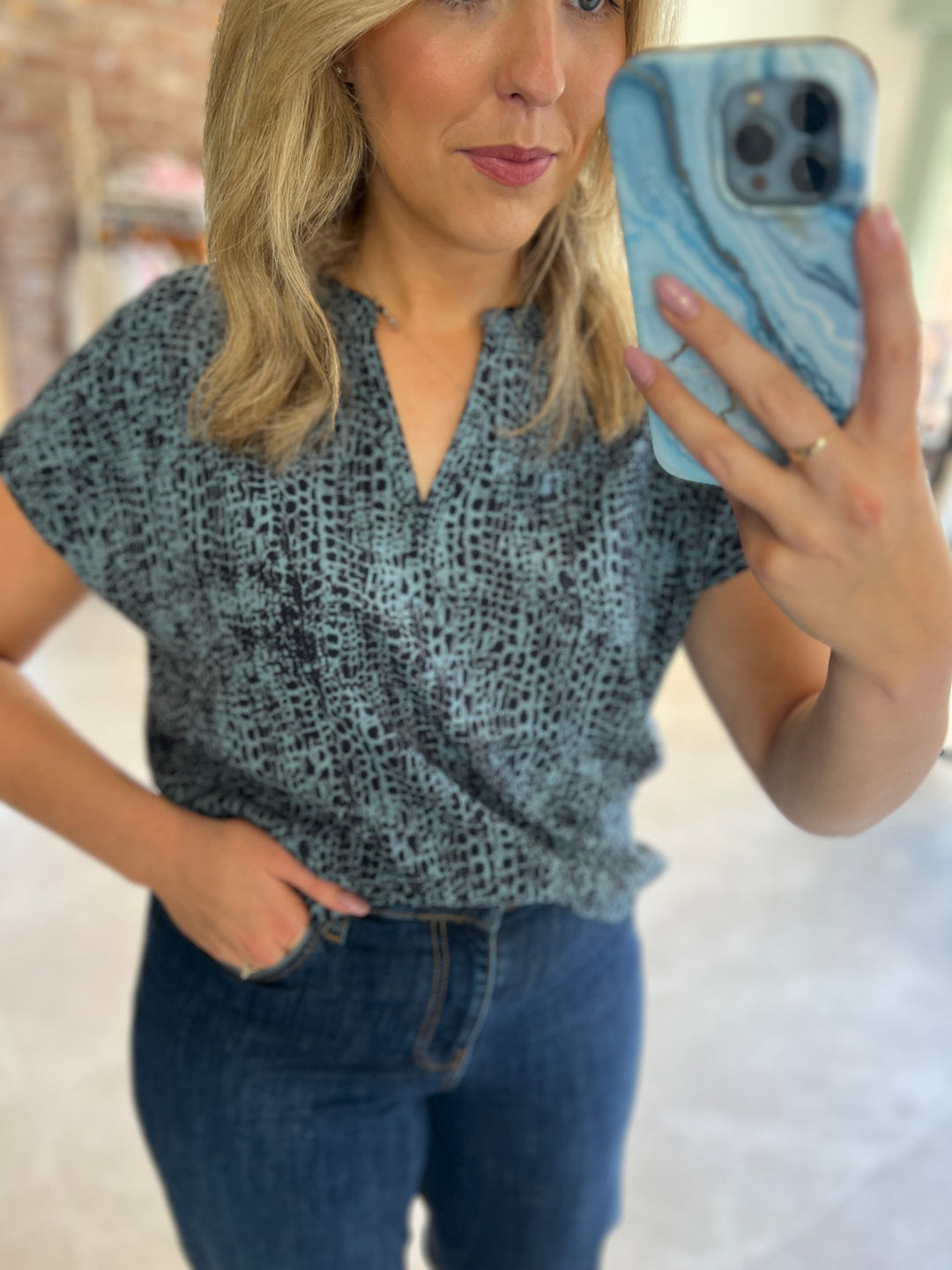 Street One Print Blouse In Deep Water Blue