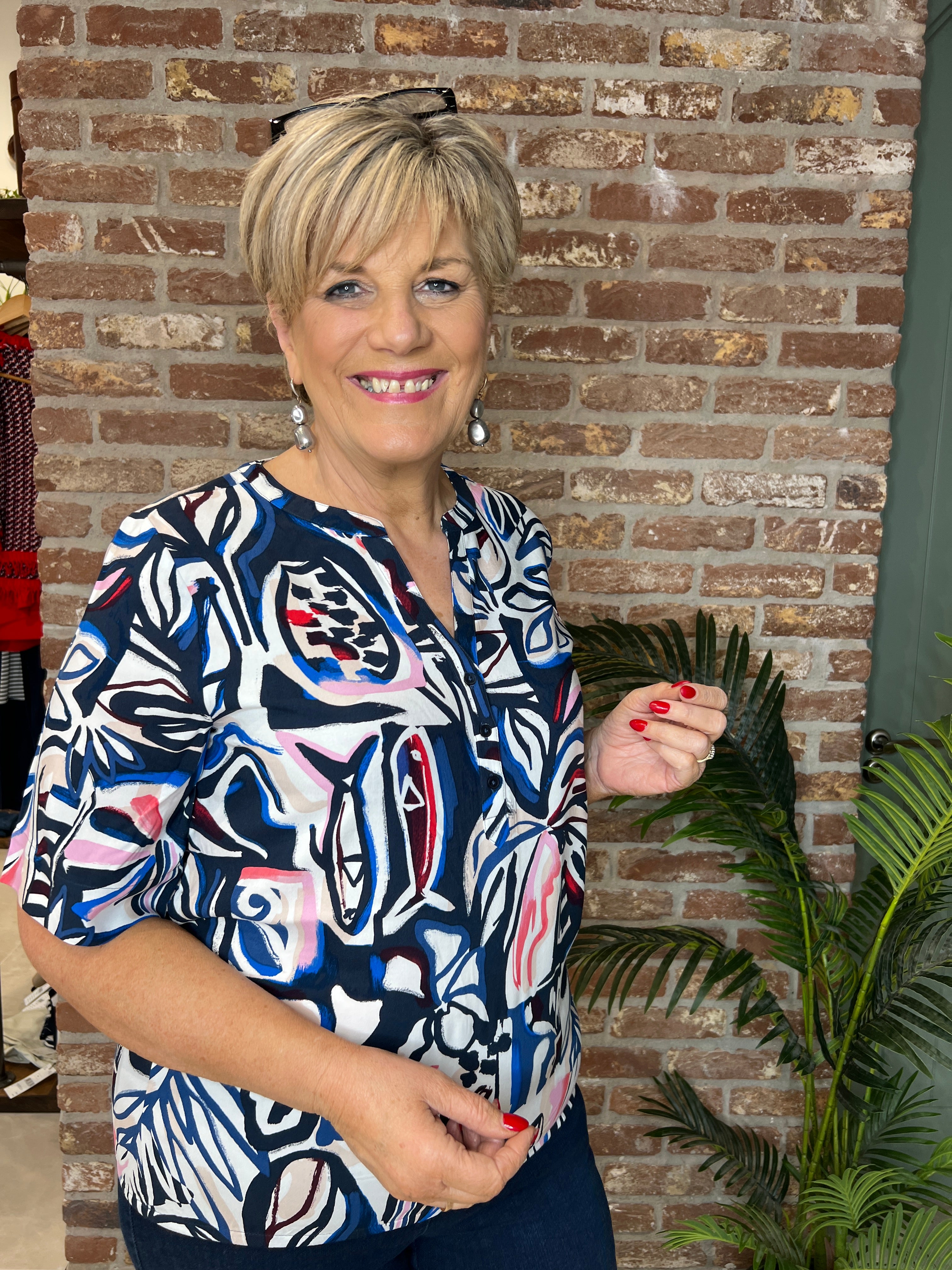 Cecil split neck print blouse In Universal Blue