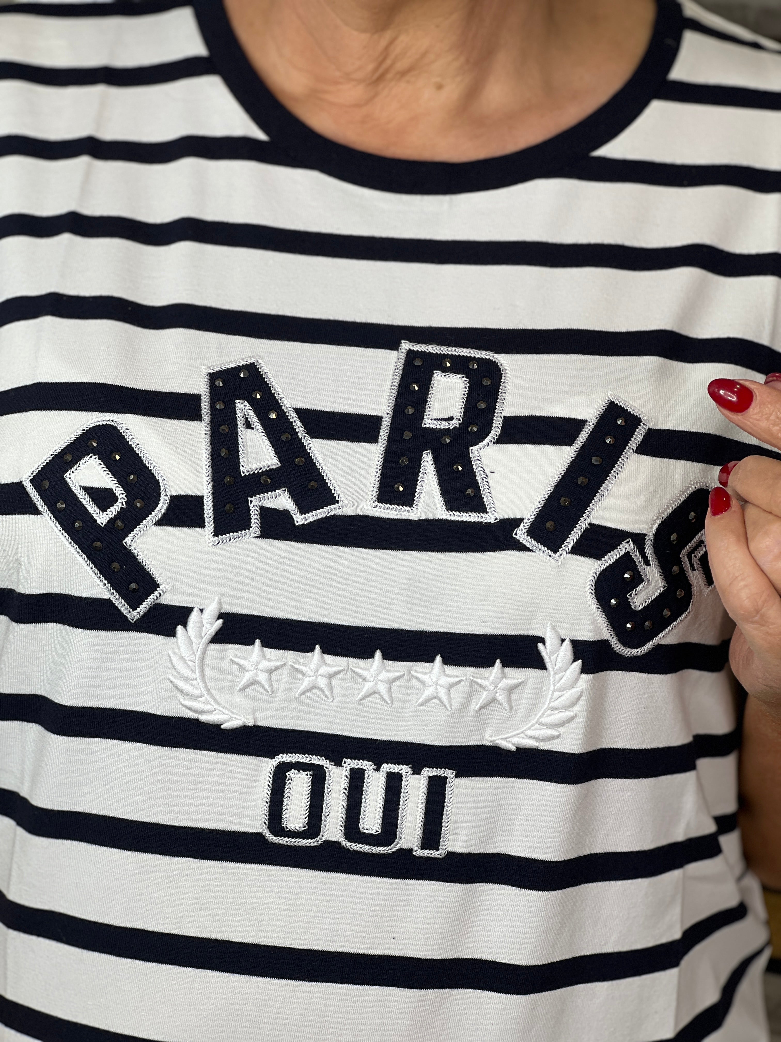 Oui Striped Decorative T-shirt In navy & White