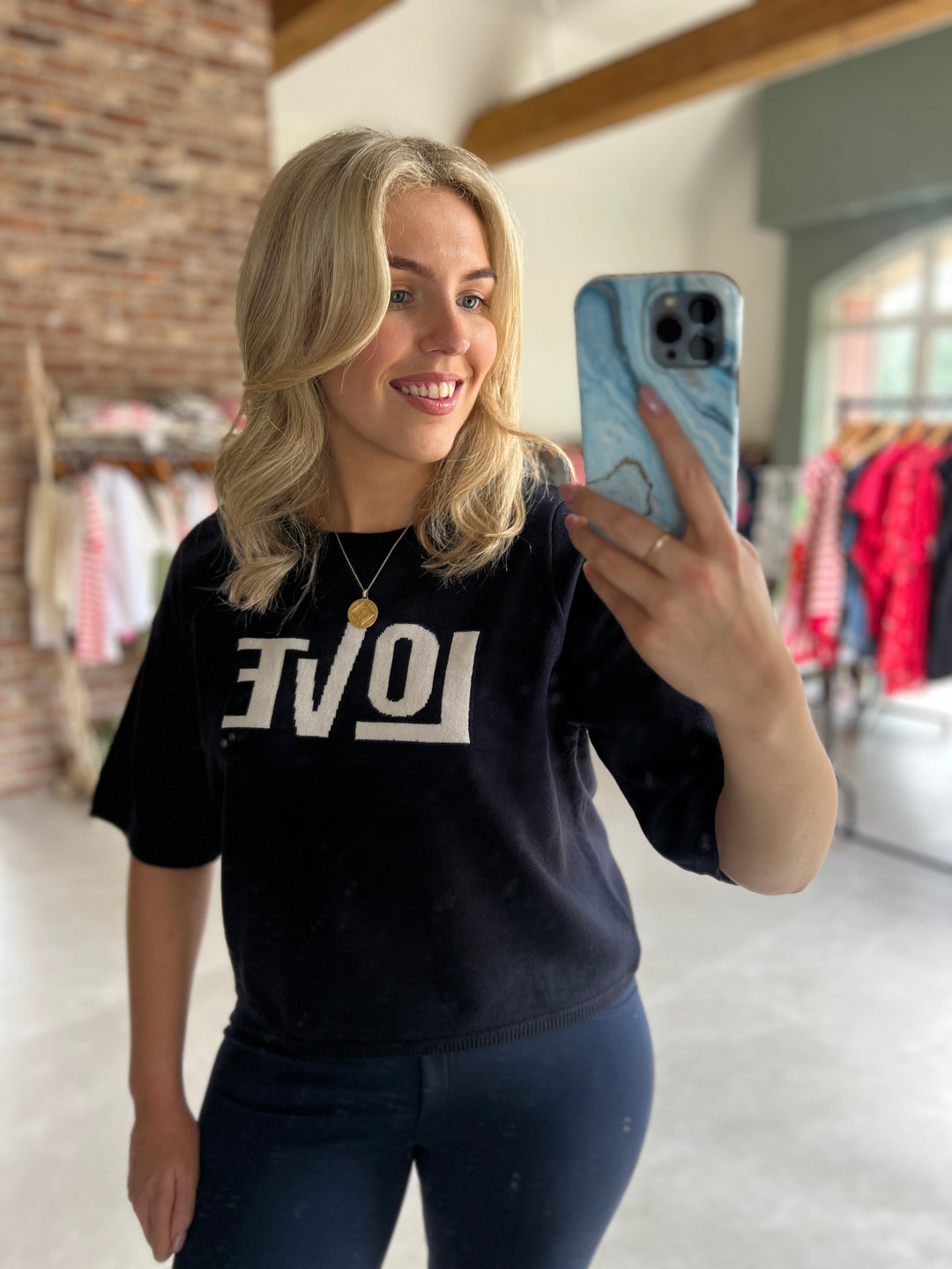 Milano Italy Love Print Pullover In Navy Multi