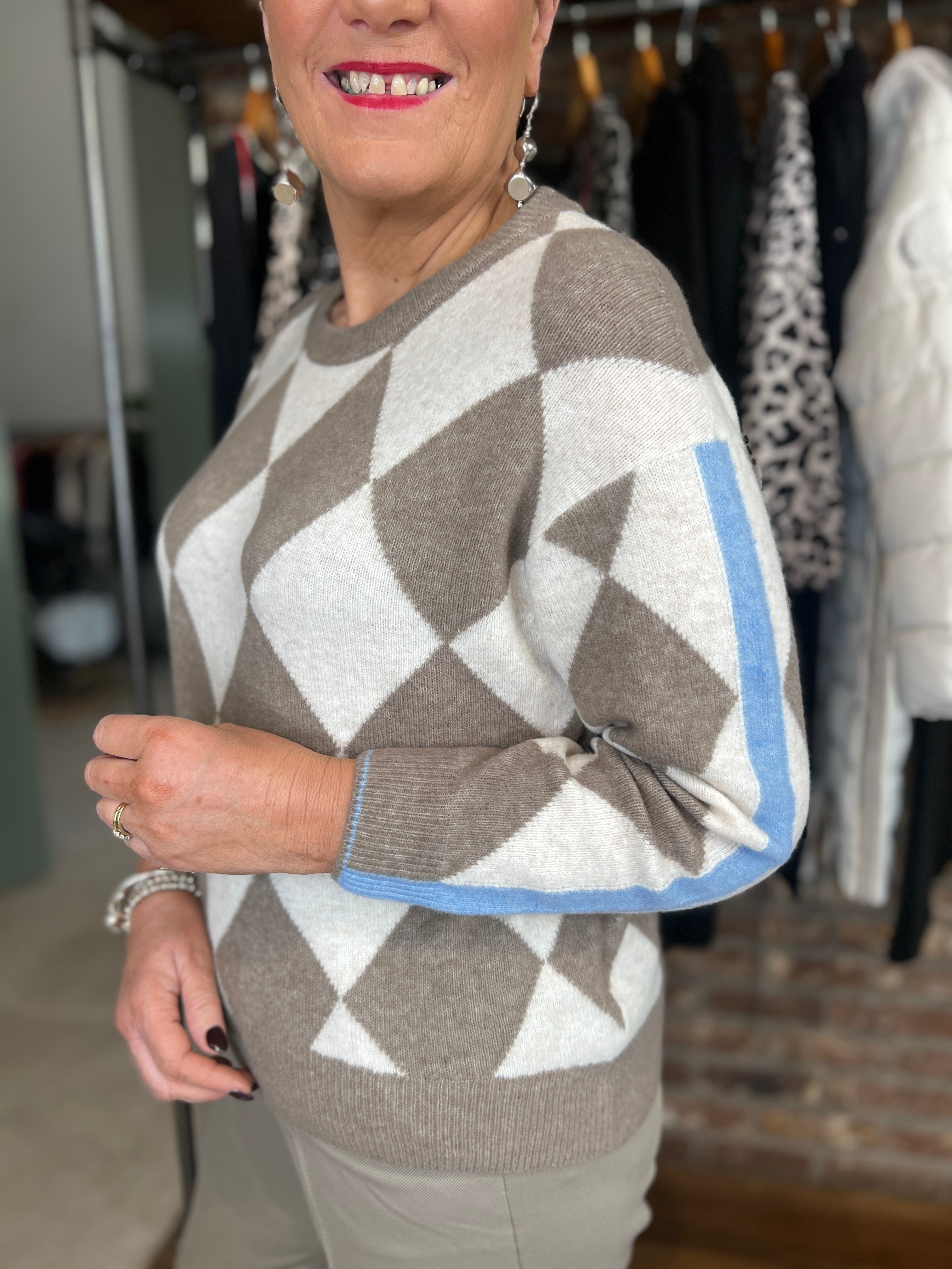 Oui Jacquard Pullover With Stripe In Taupe Multi