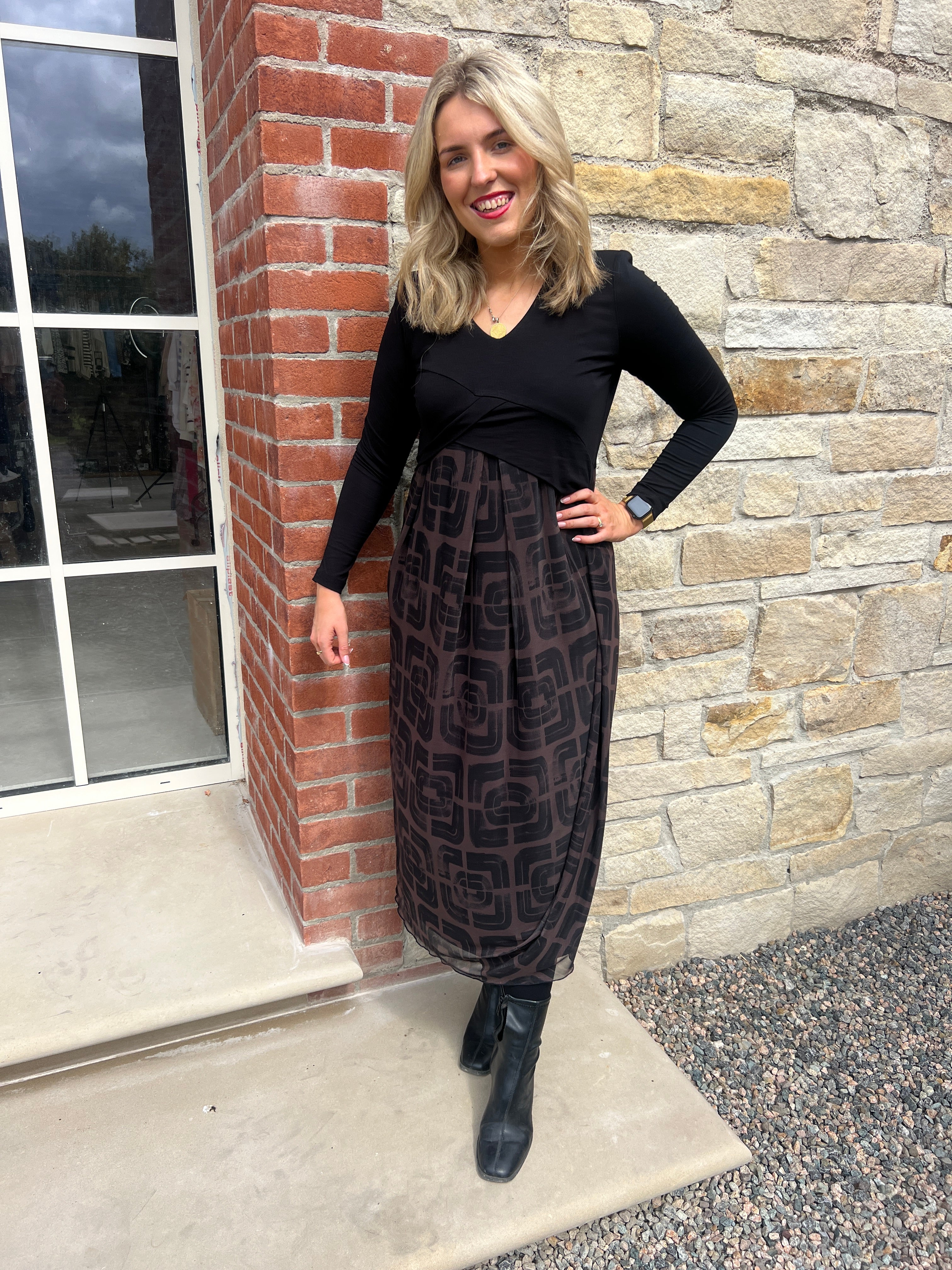 Peruzzi Contrast Fabric Dress In Black & Brown