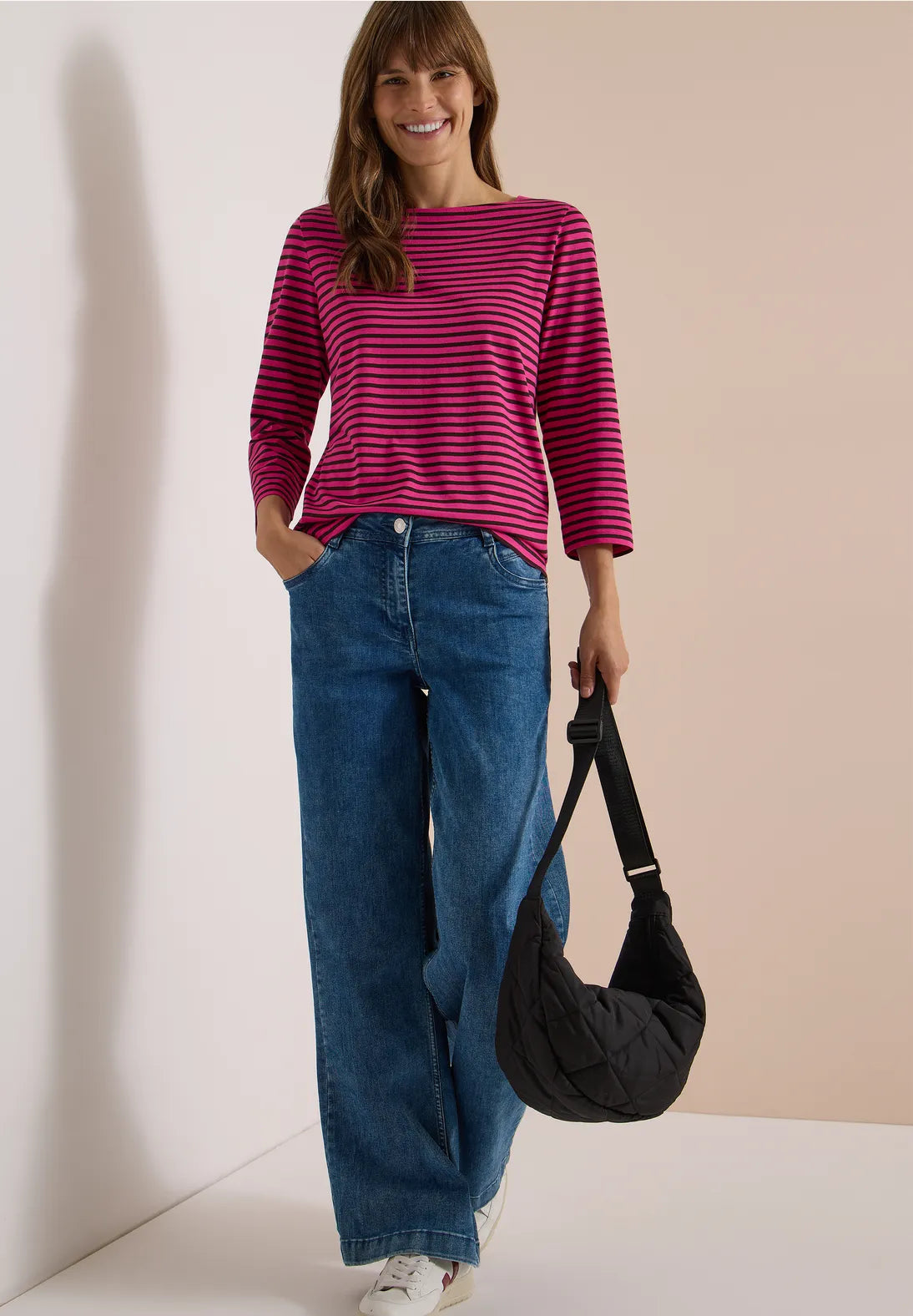 Striped boat neck top in pink & brown