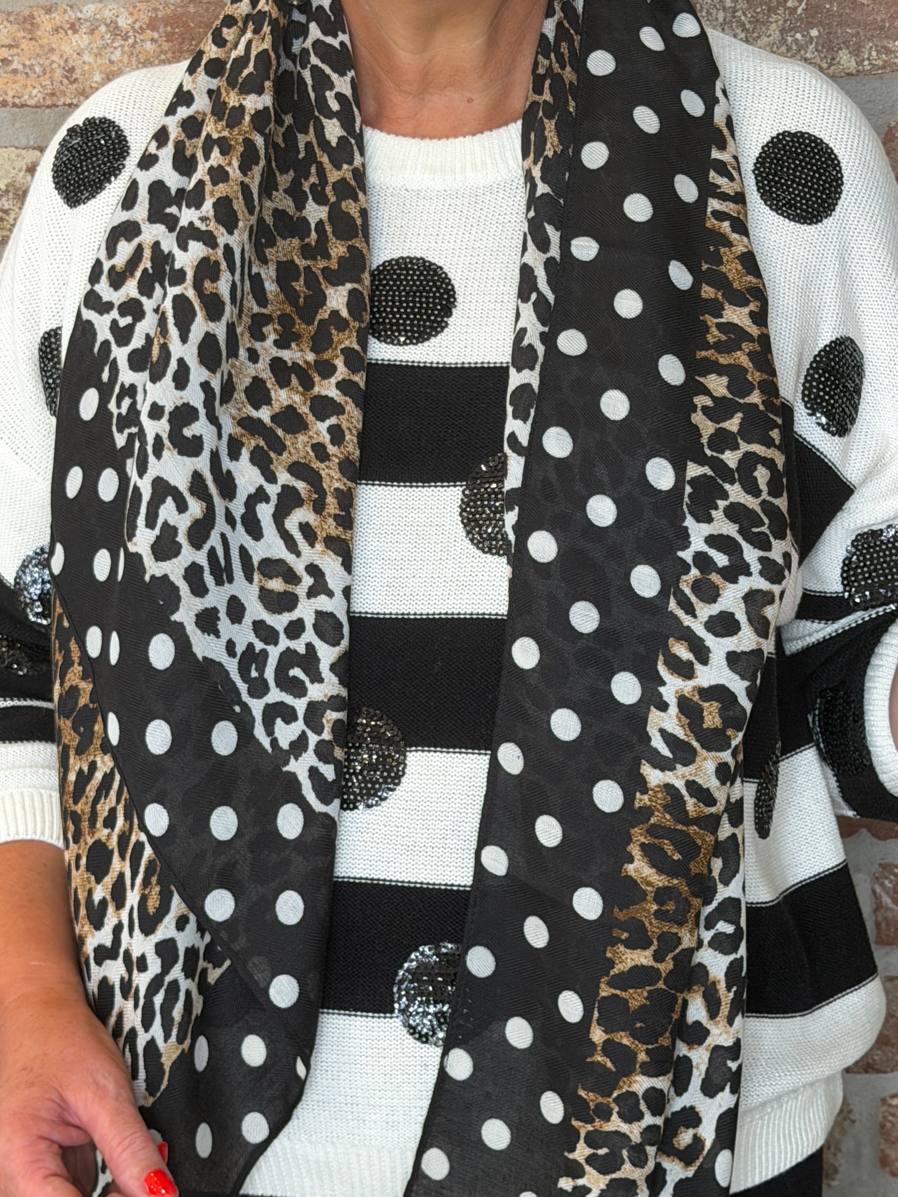 Oui leopard & dot print scarf in dark camel grey