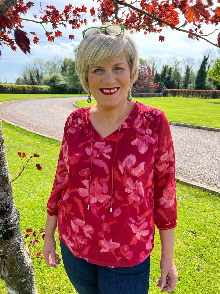 Street One Floral Chiffon Blouse In Glory Red