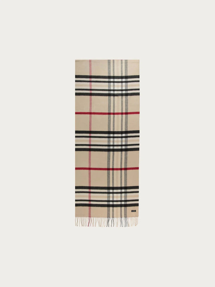 Cashmink Wide Plaid Patterned Scarf In Latte