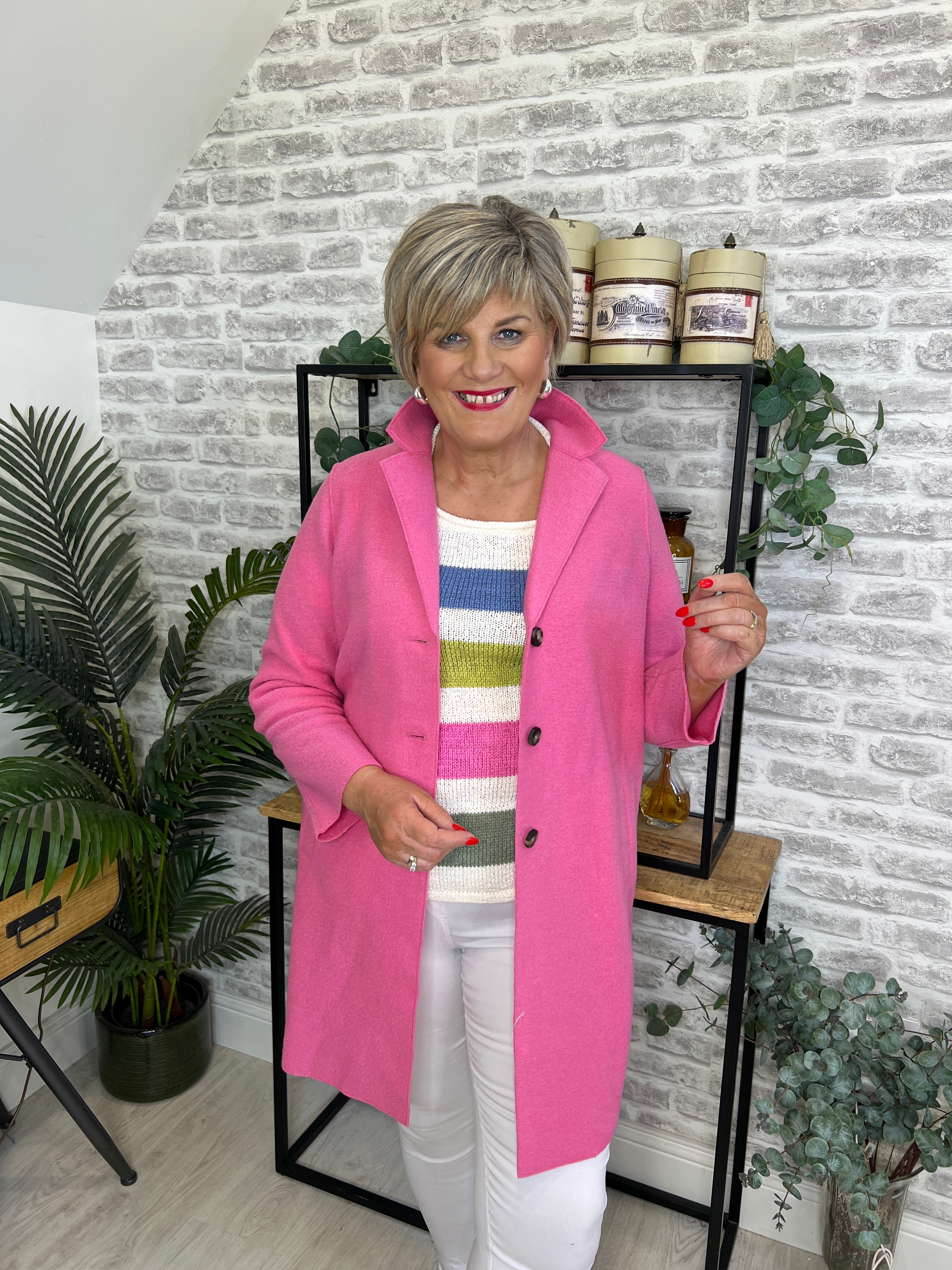 Oui Striped Pullover In White & Green