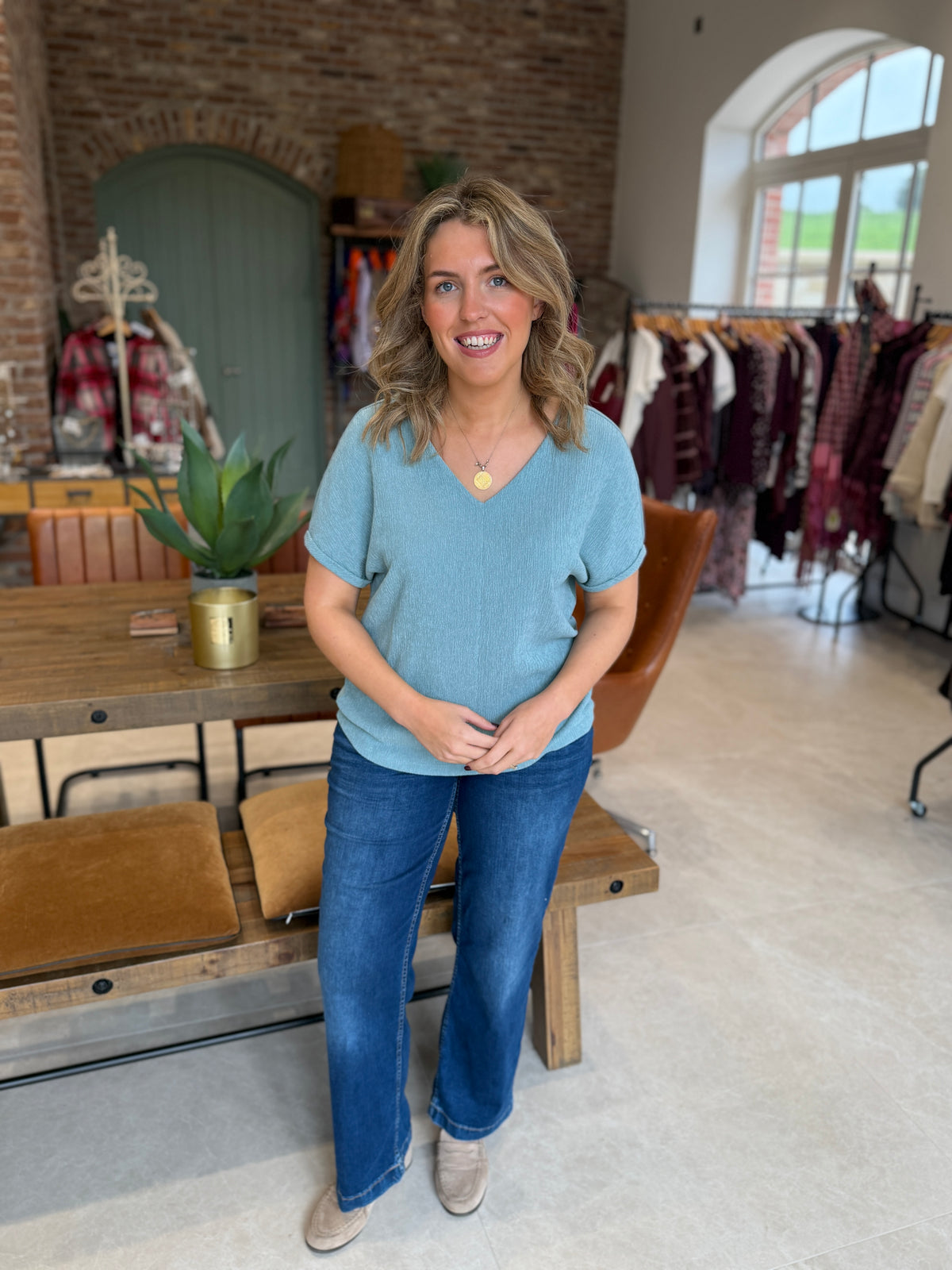 Street One V-neck top in turquoise