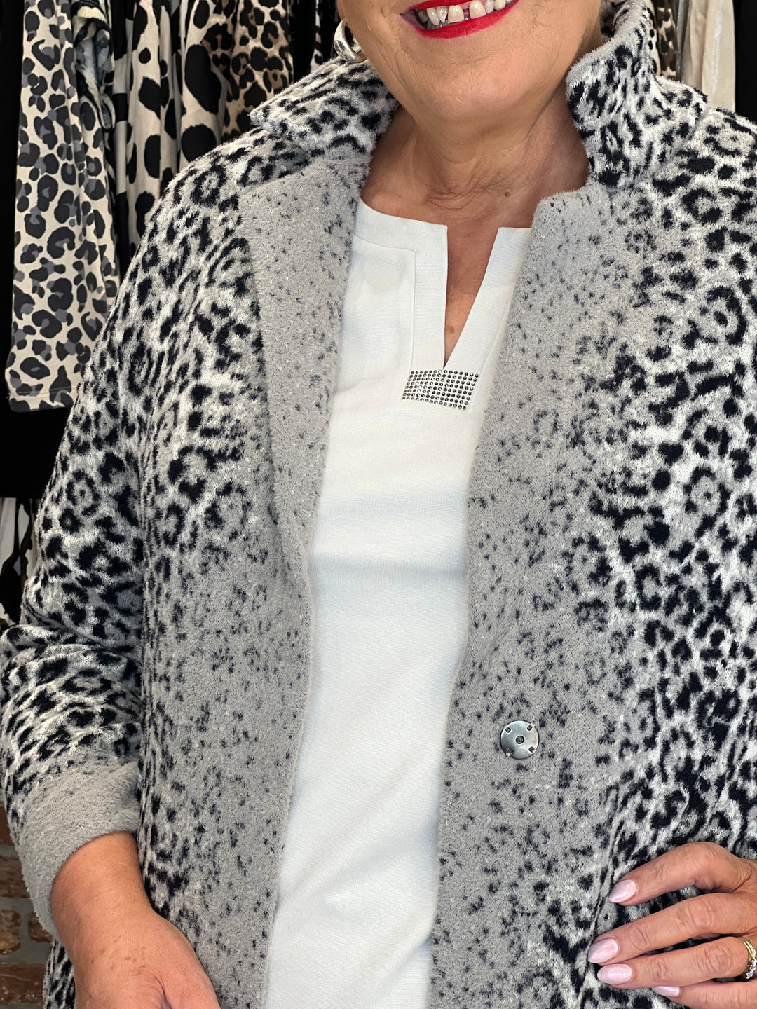 Monari Knitted Cardigan With Leopard Pattern In Griege