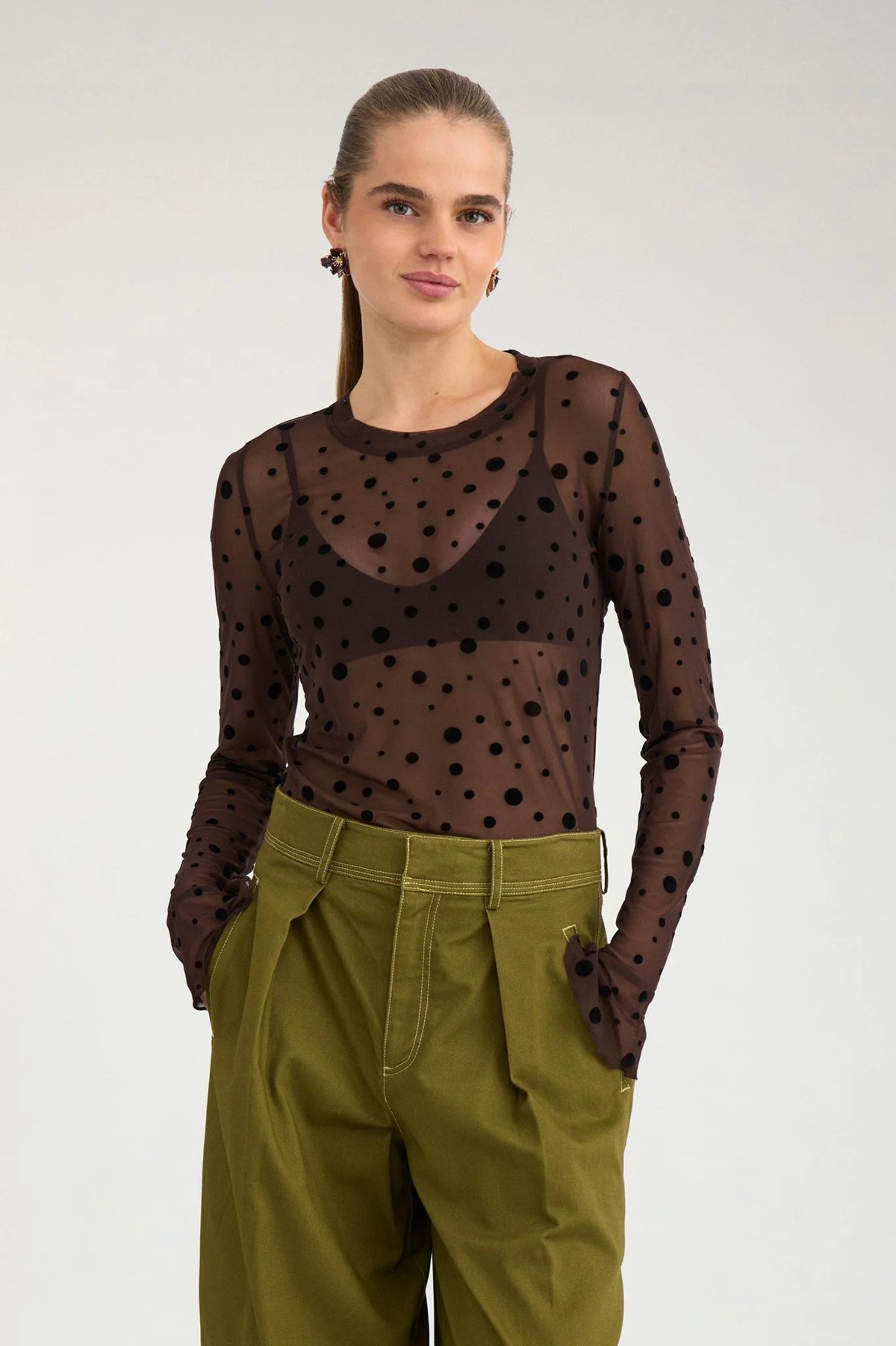 Nuevita spot mesh top in chocolate plum