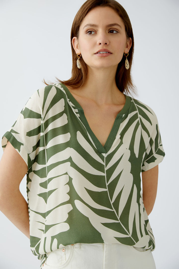 Oui Floral Blouse In Khaki & Stone