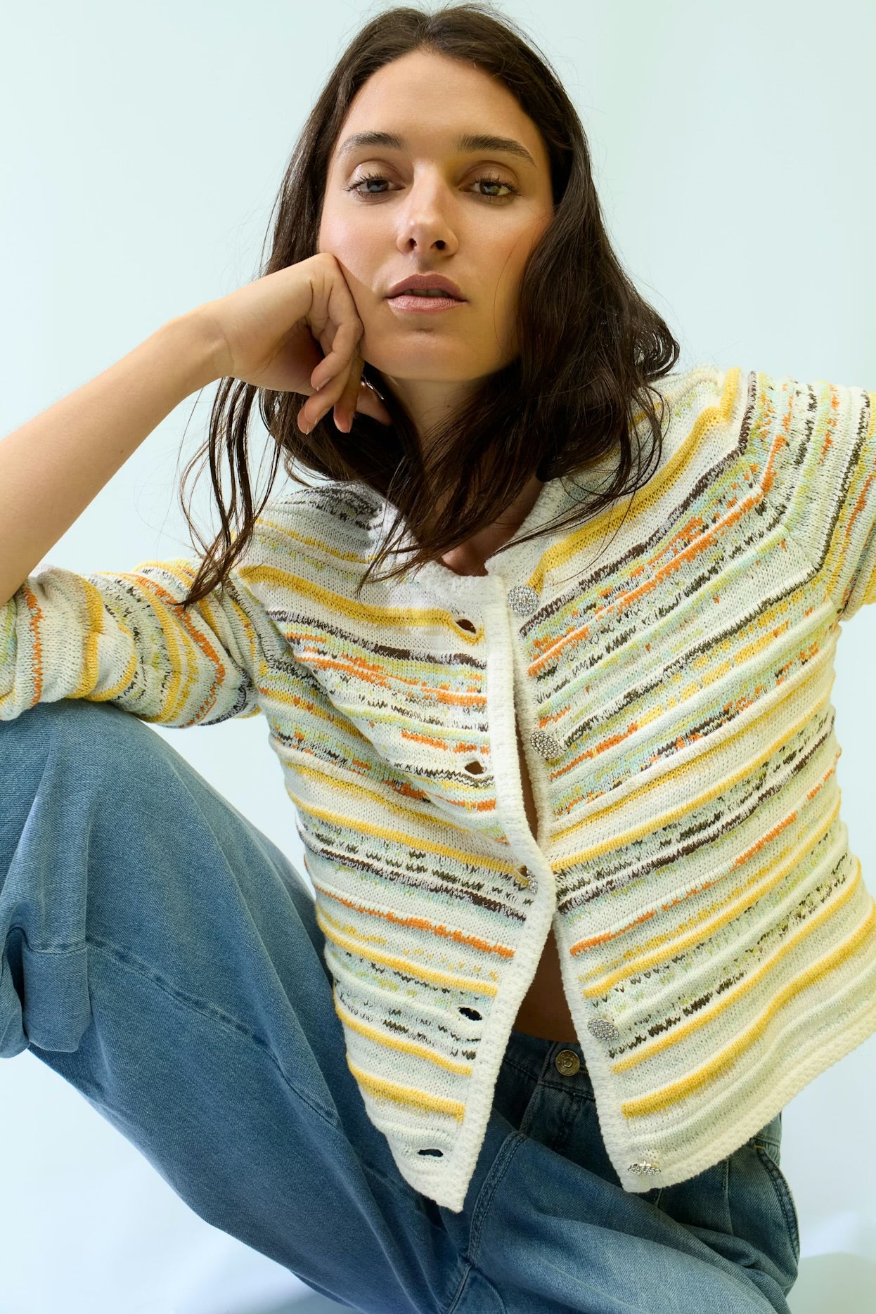 Oui Jacquard Knit Jacket In White & yellow
