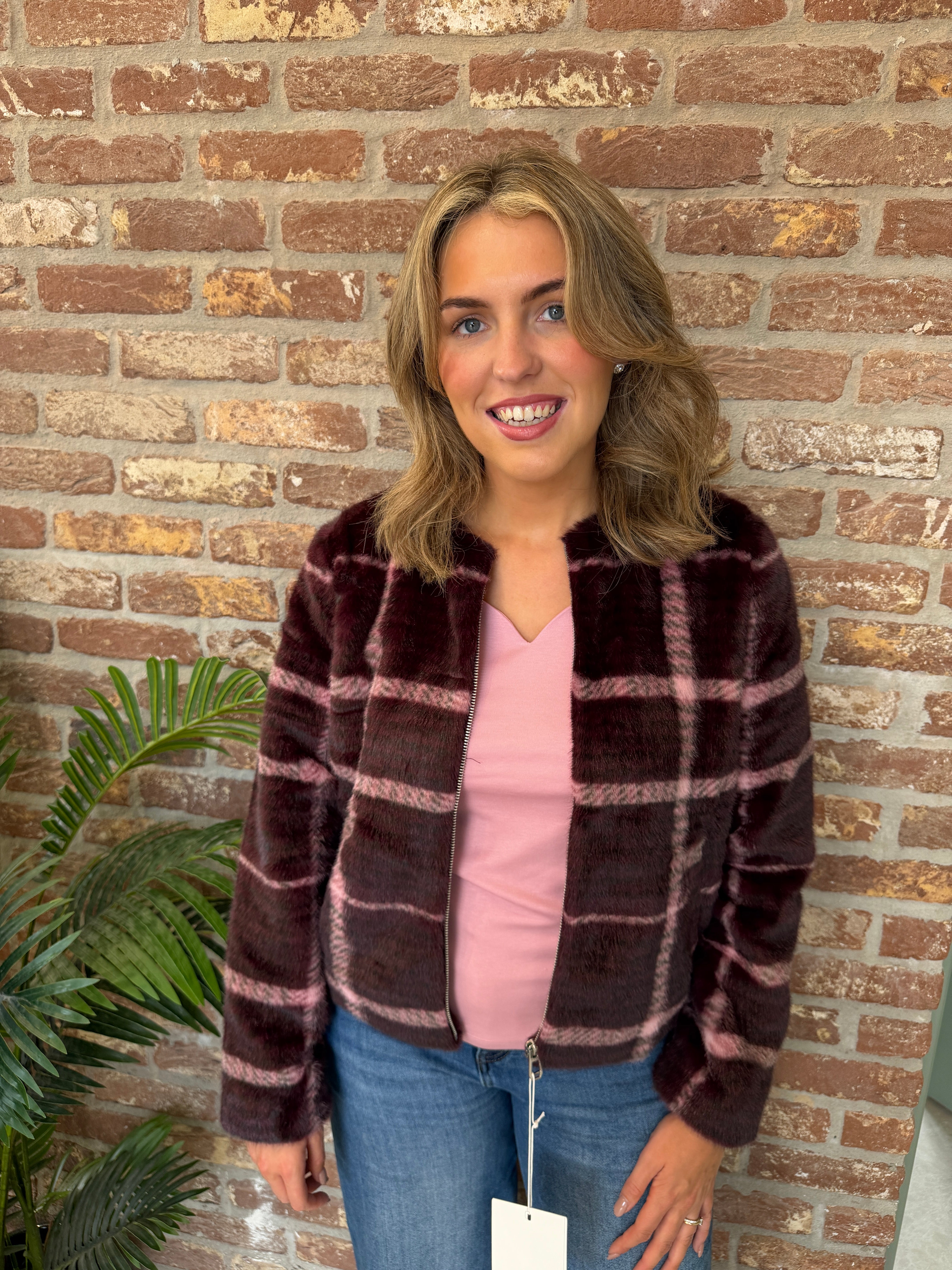 Checked faux fur jacket in rustic rouge