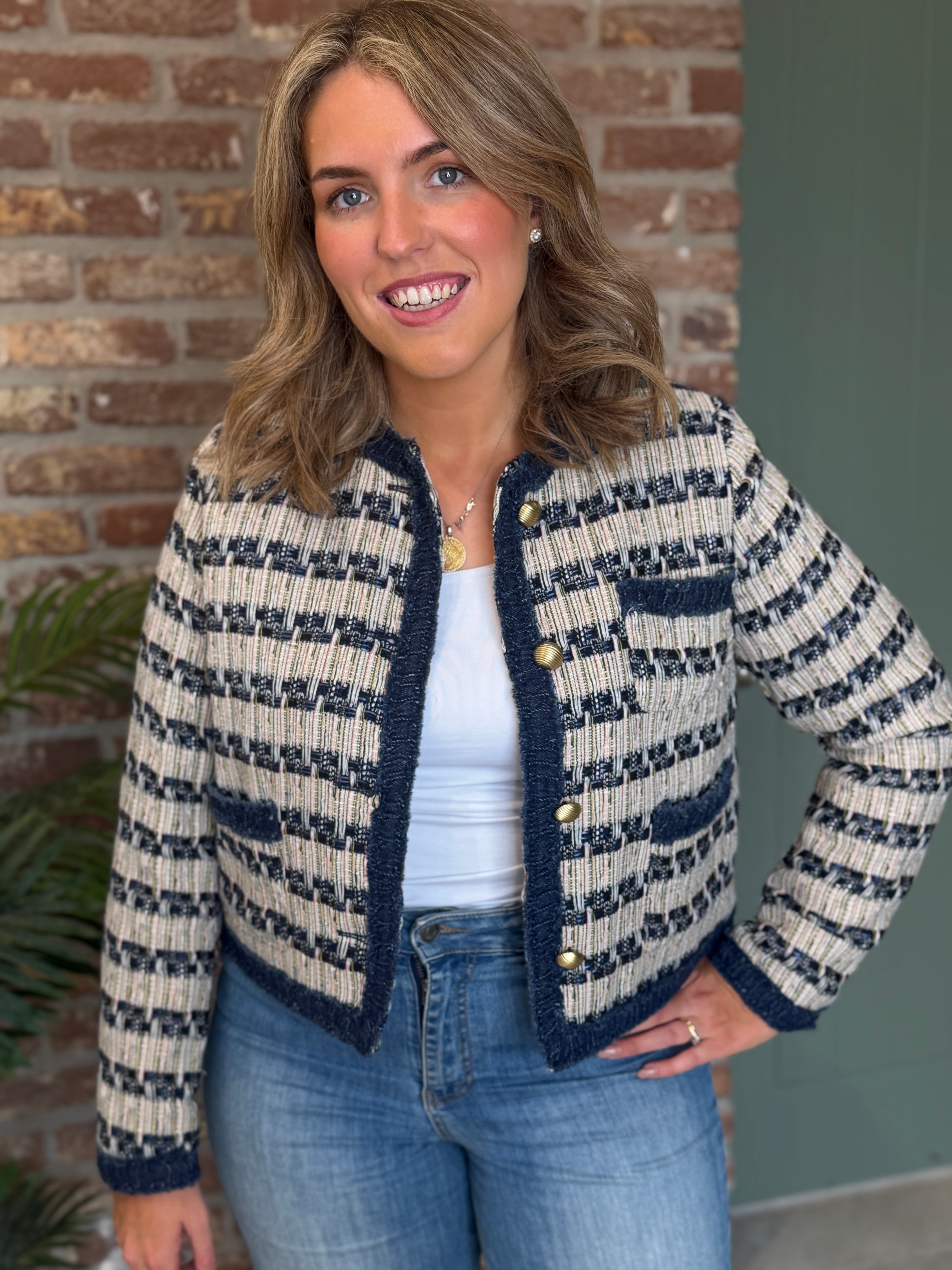 Patterned short jacket in Navy multi