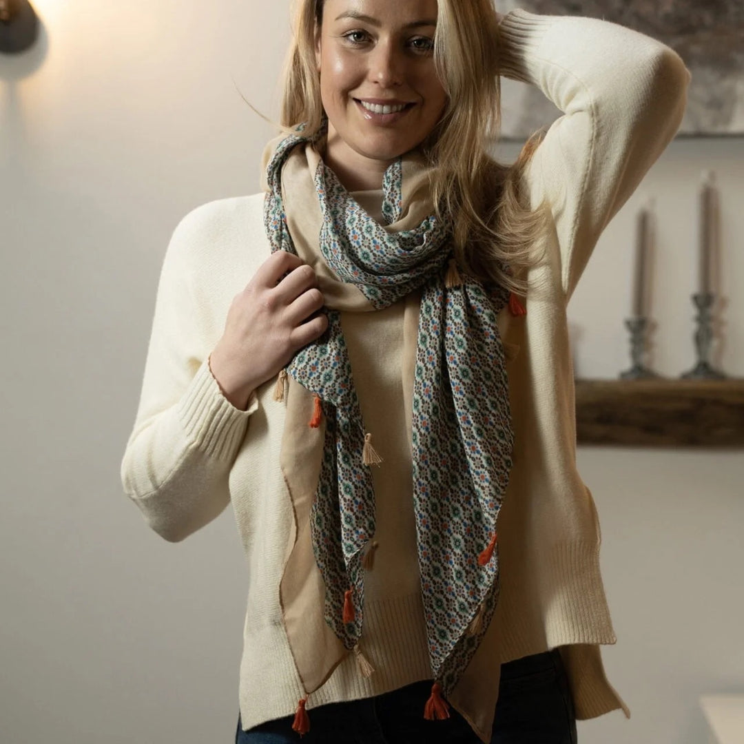 Polly Mini Flowers With Tassels Scarf In Taupe