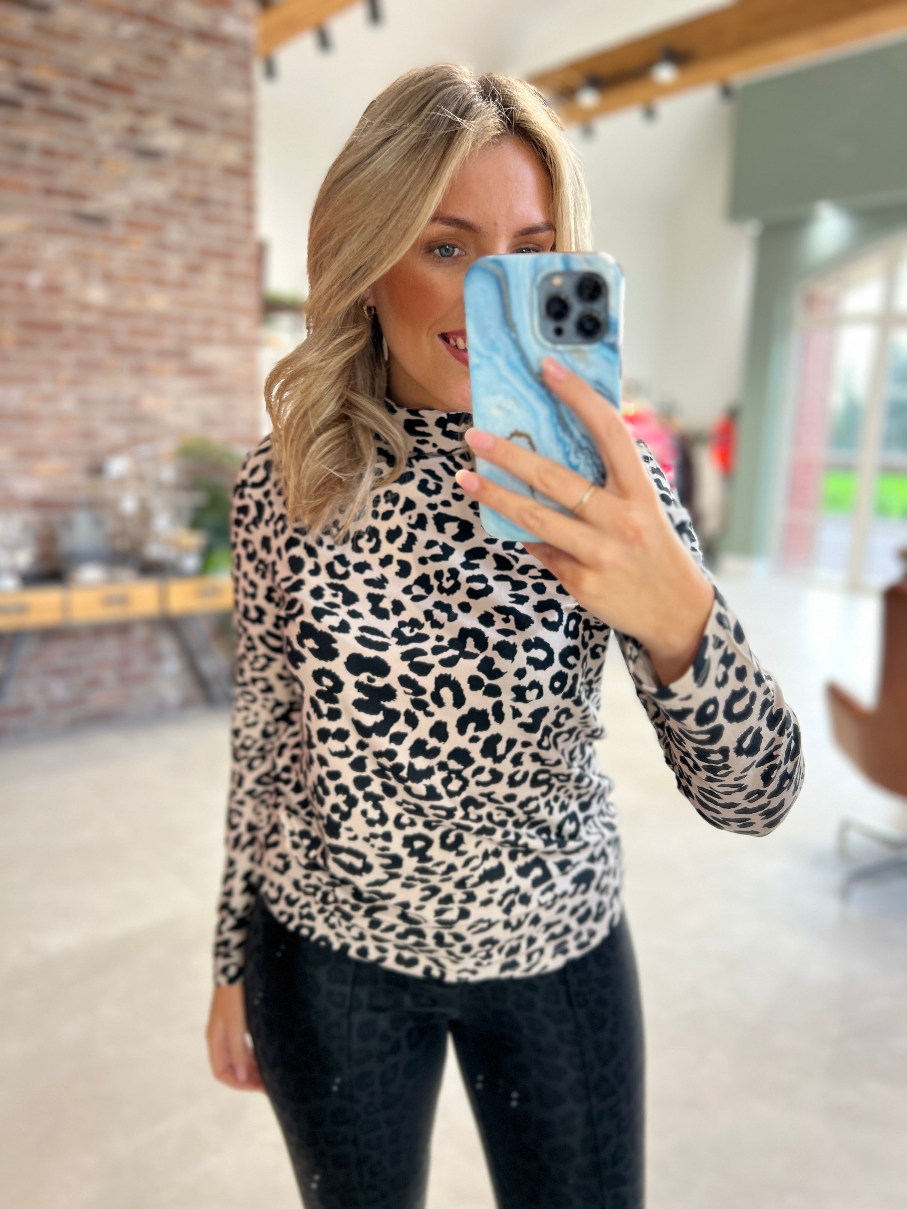 Street One Leopard Roll Neck Top In Soft Beige