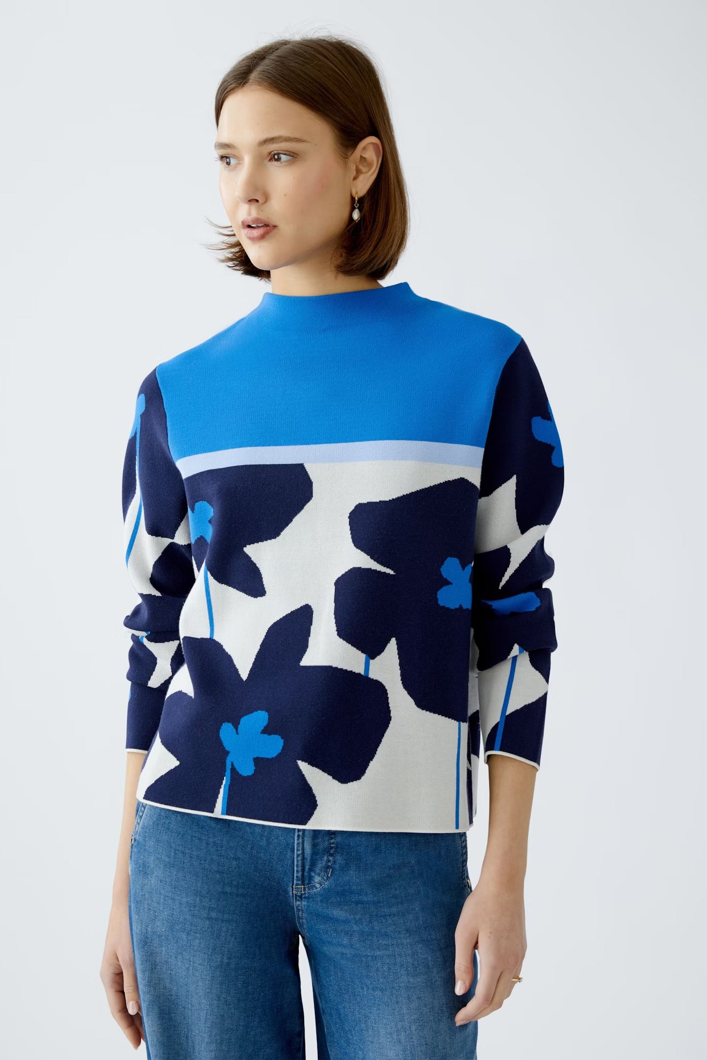 Oui Jacquard Floral Pullover In Blue & white