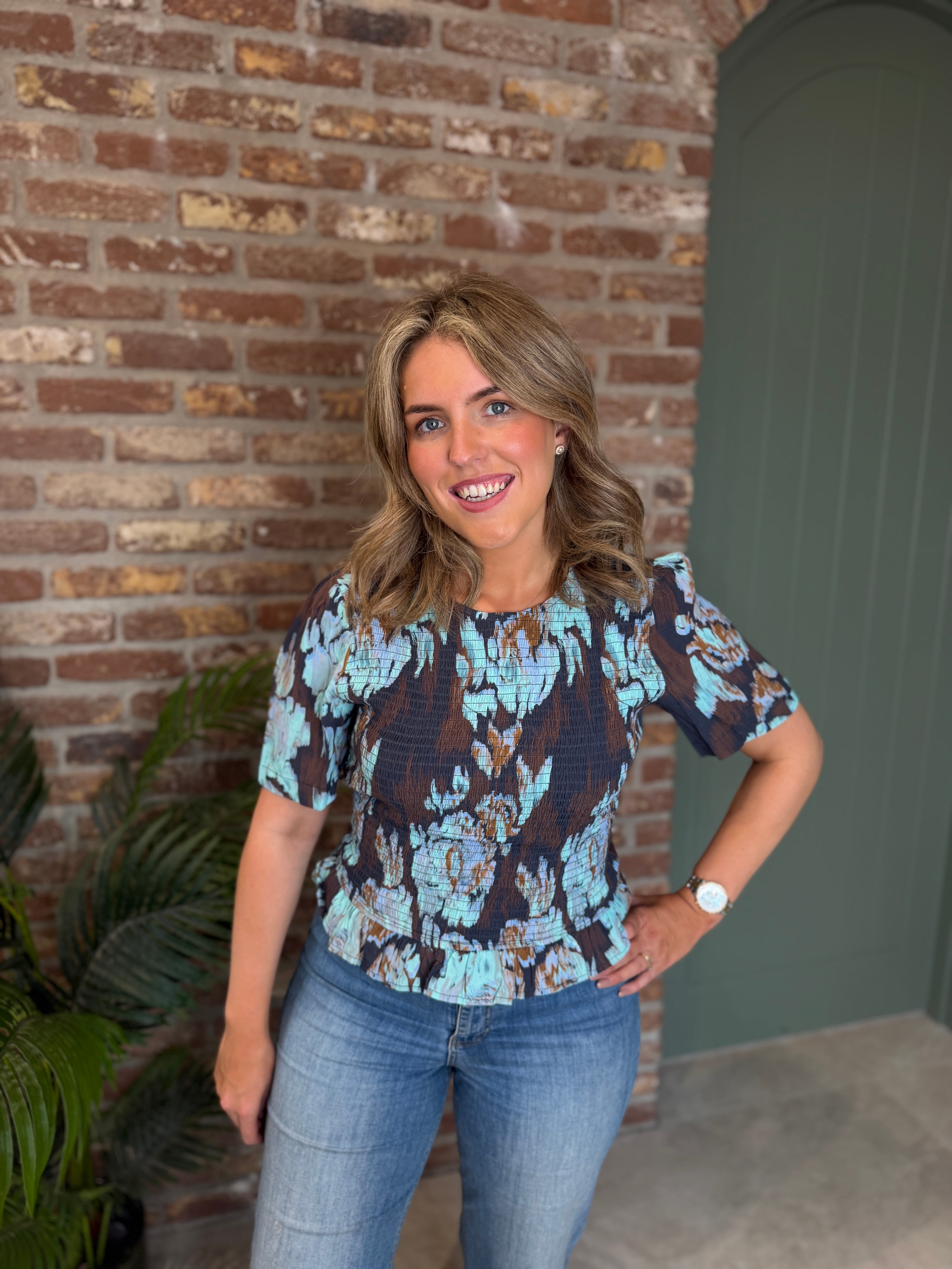 Floral patterned top in brown & blue multi