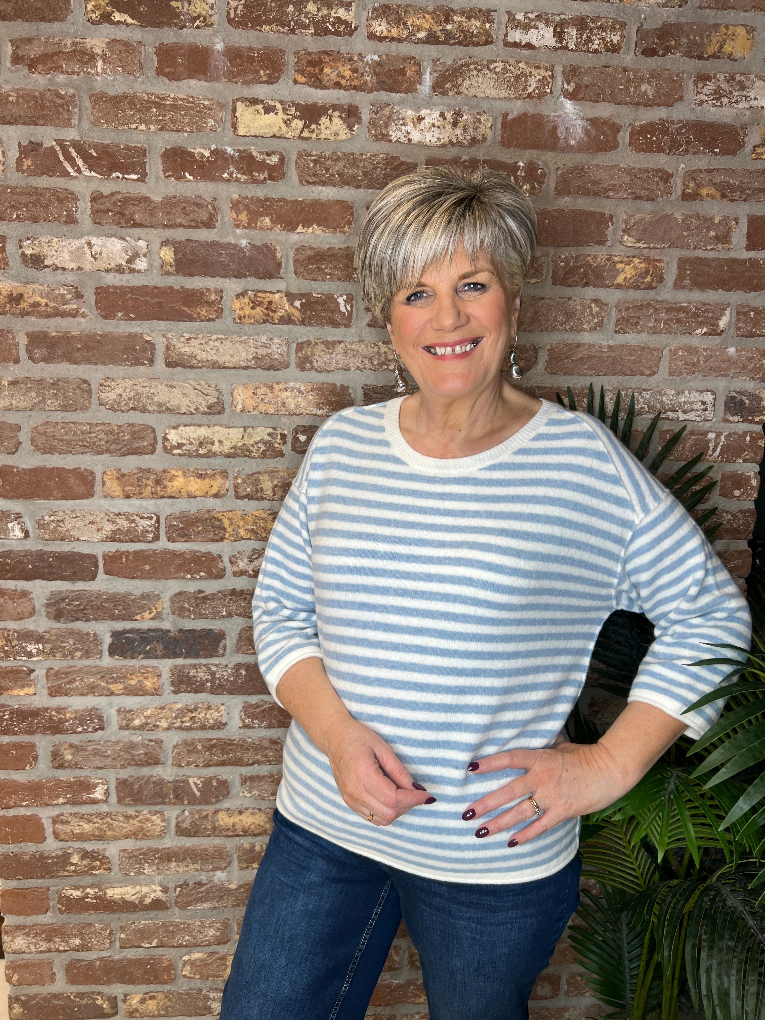 Oui Striped Pullover In White & Blue