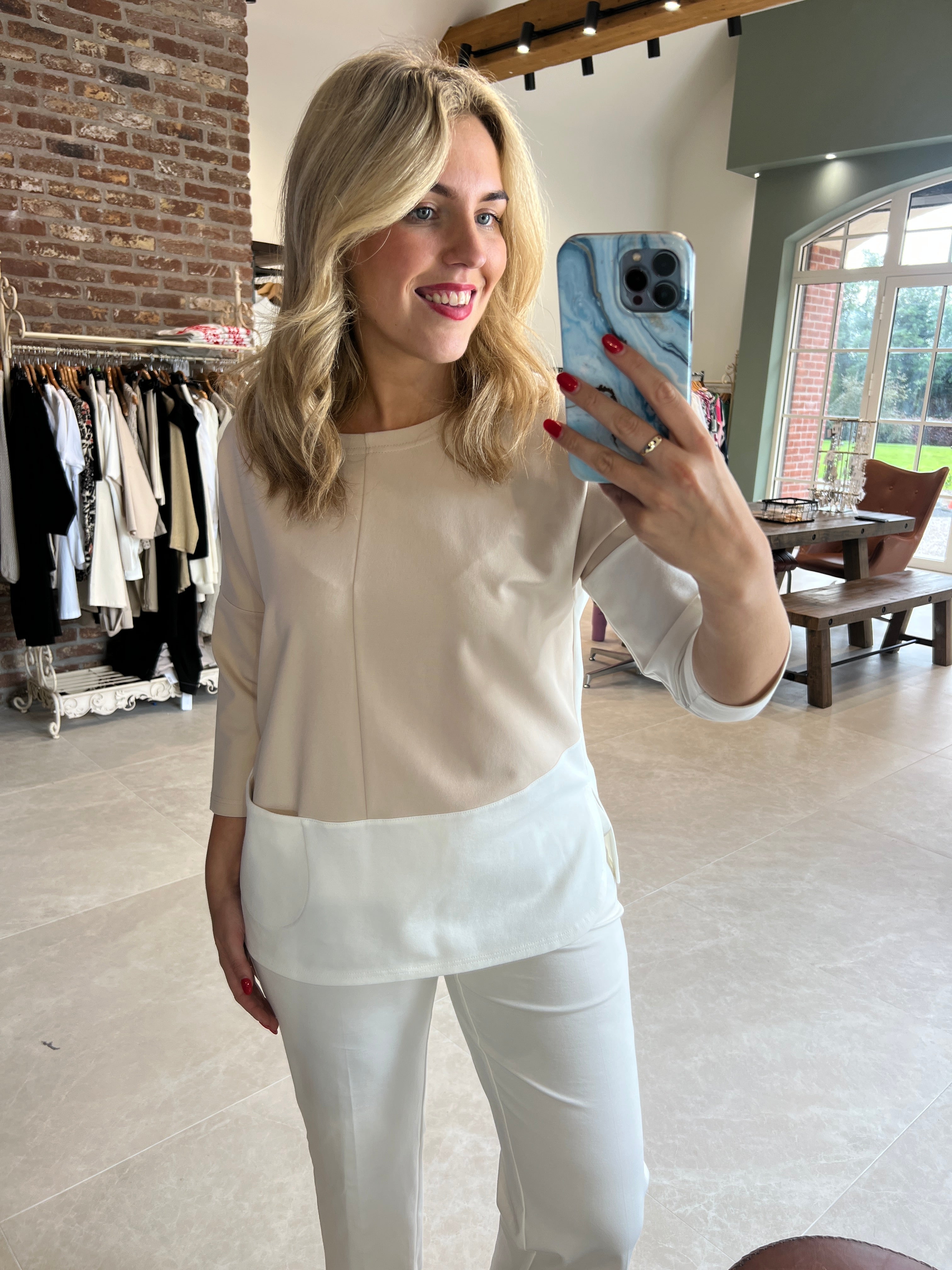 Noen Pocket top In Cream & Stone