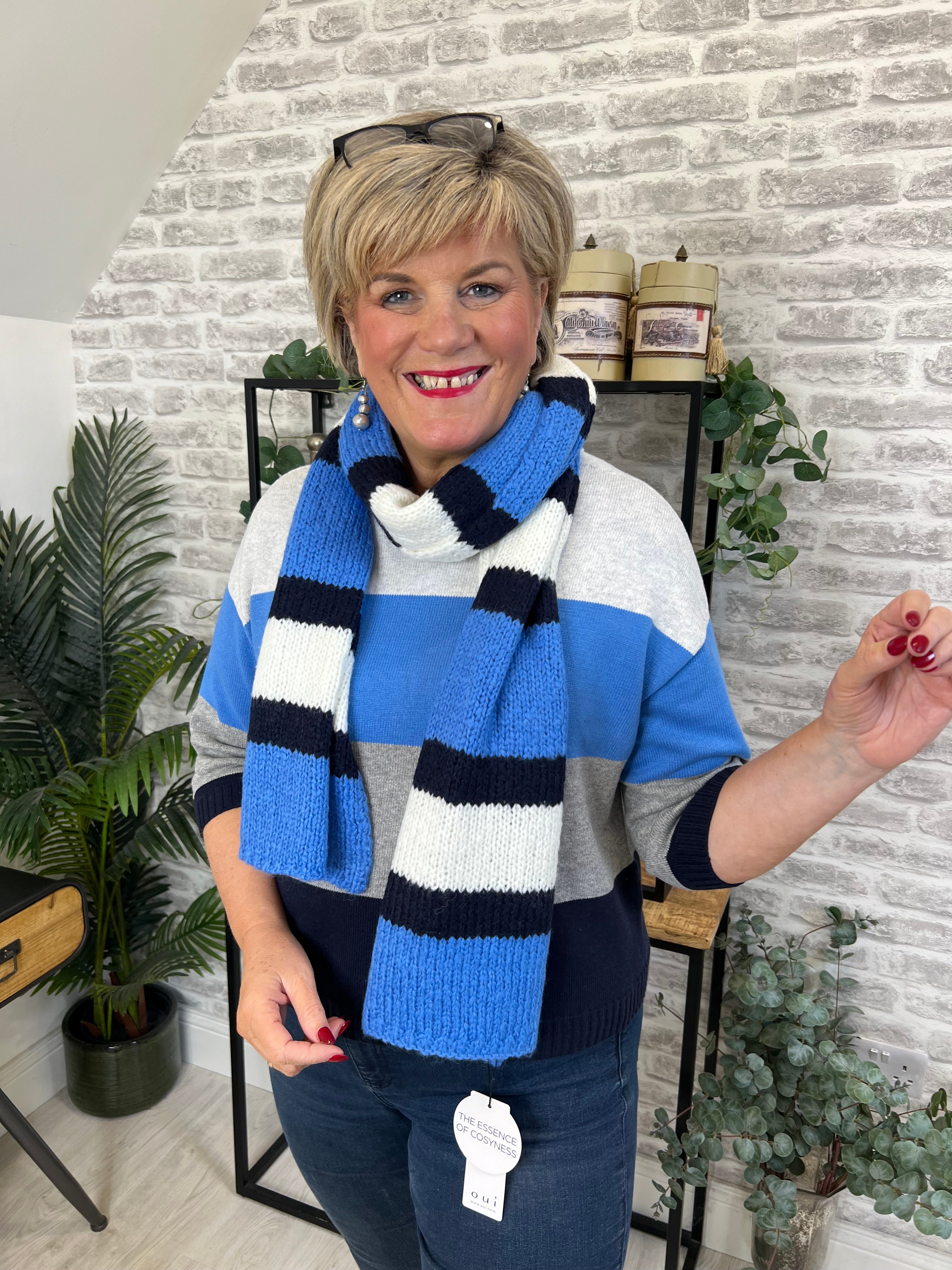 Oui Striped Jumper In Light Grey & Blue