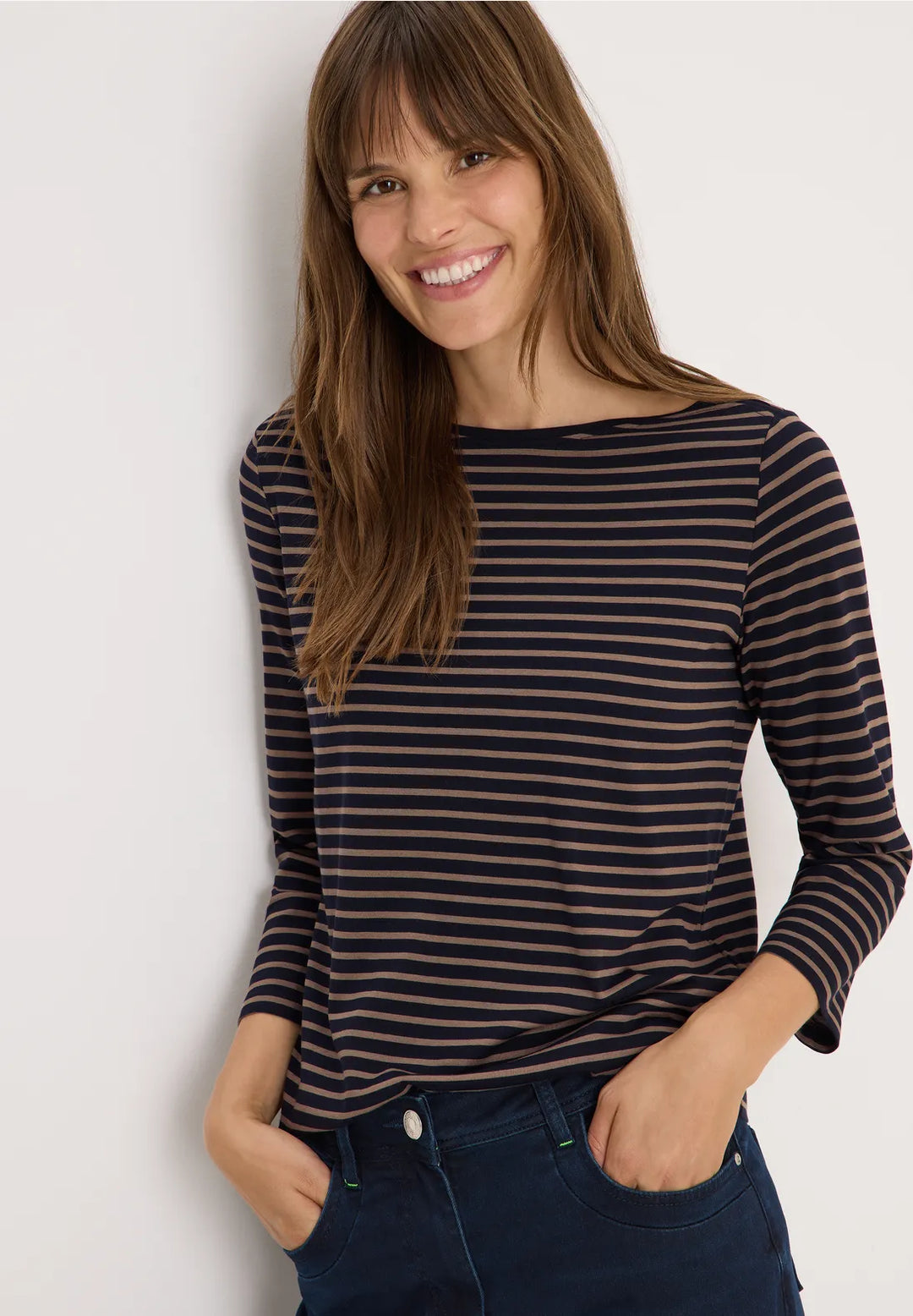 Cecil Basic Striped Top In Navy & Taupe