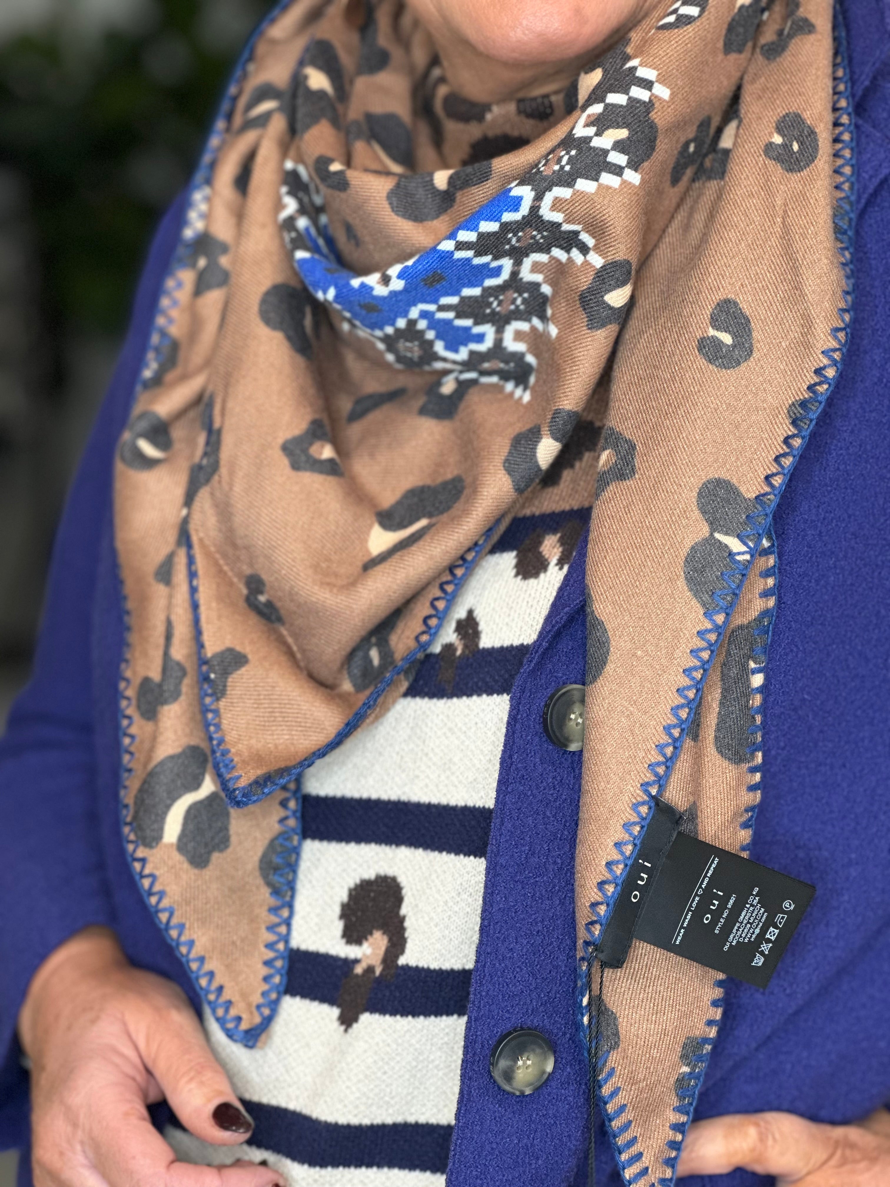 Oui Triangle Scarf In Dark Camel & Blue