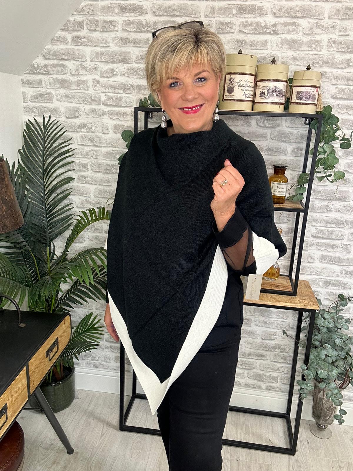 Elsa Poncho With Cream Trim In Black