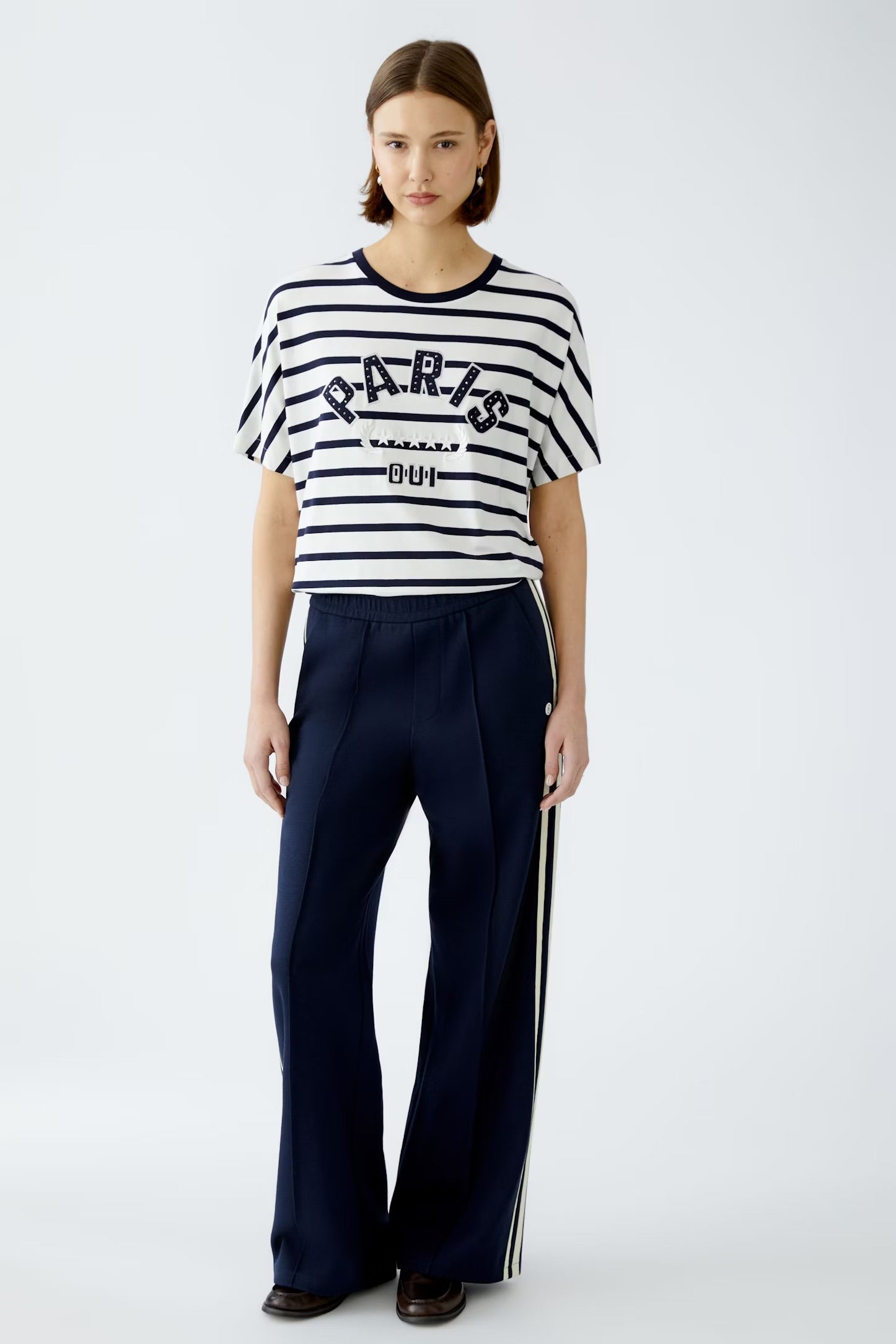 Oui Striped Decorative T-shirt In navy & White