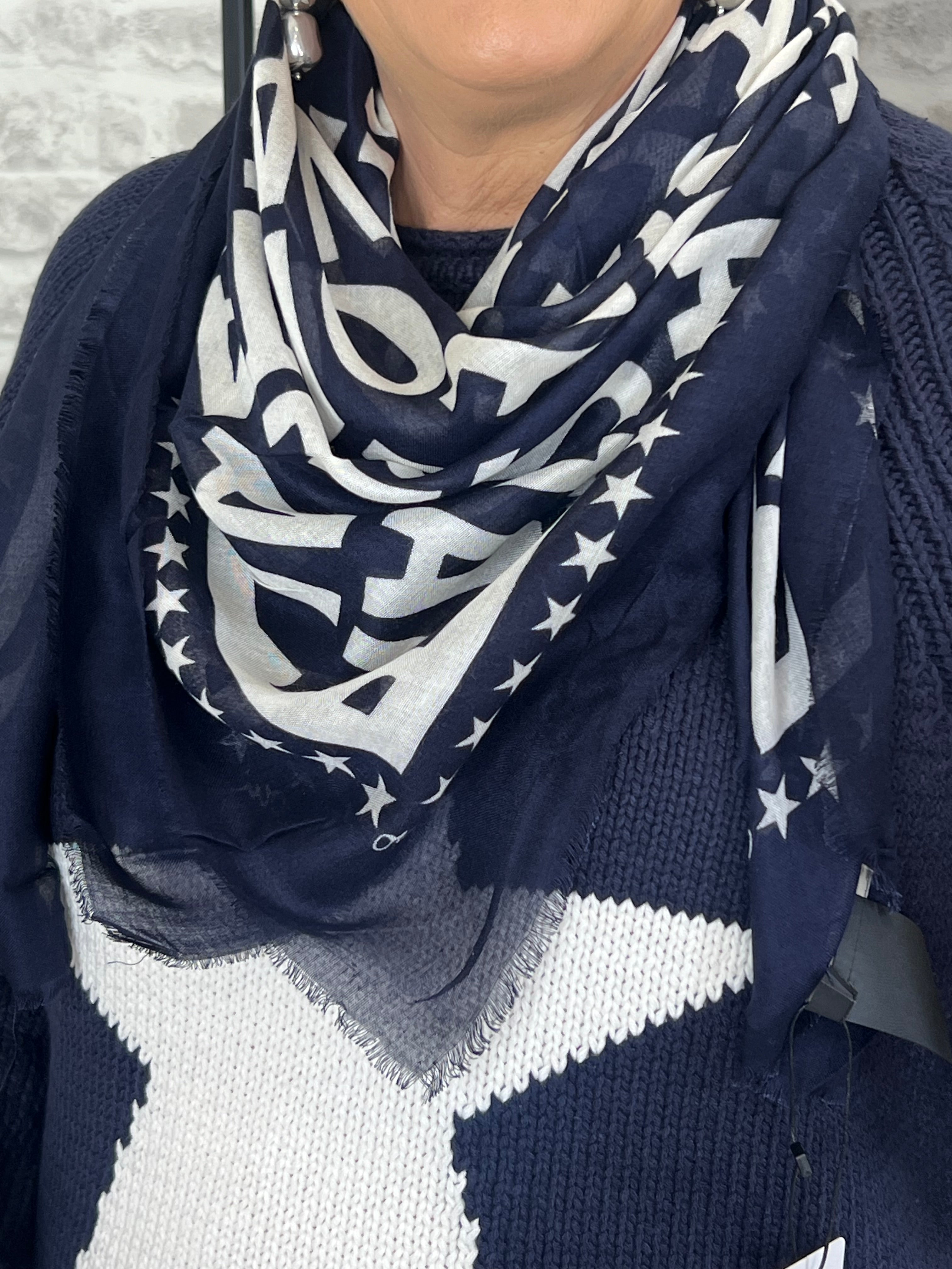 Oui Cloth Star Scarf In Dark blue & white