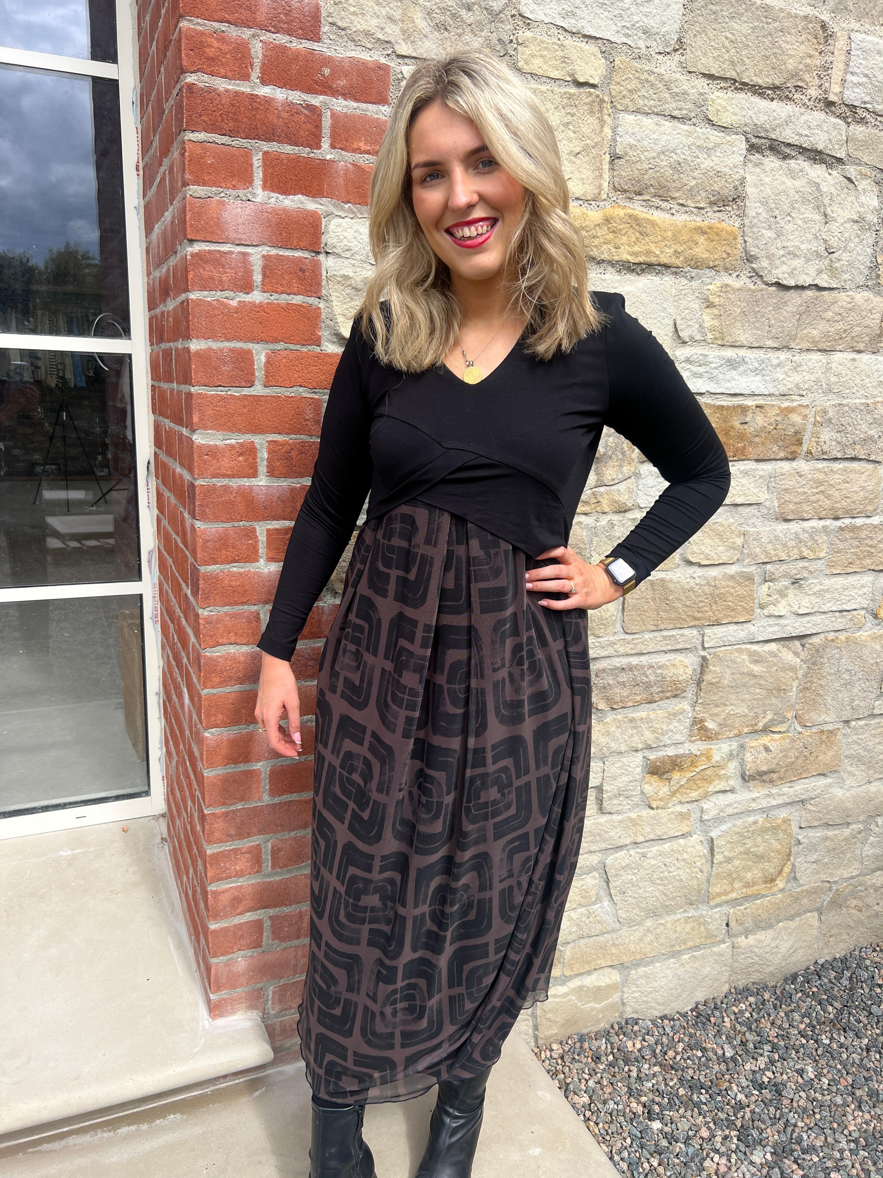 Peruzzi Contrast Fabric Dress In Black & Brown