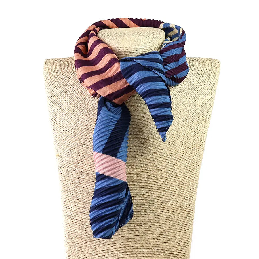 Pom Striped Print Pleated Neck Scarf In blue & burgundy