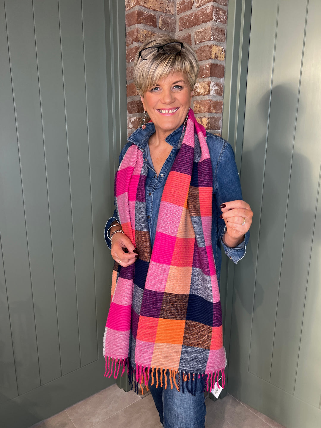 Sophie Pleated Tartan Scarf In Pink Multi