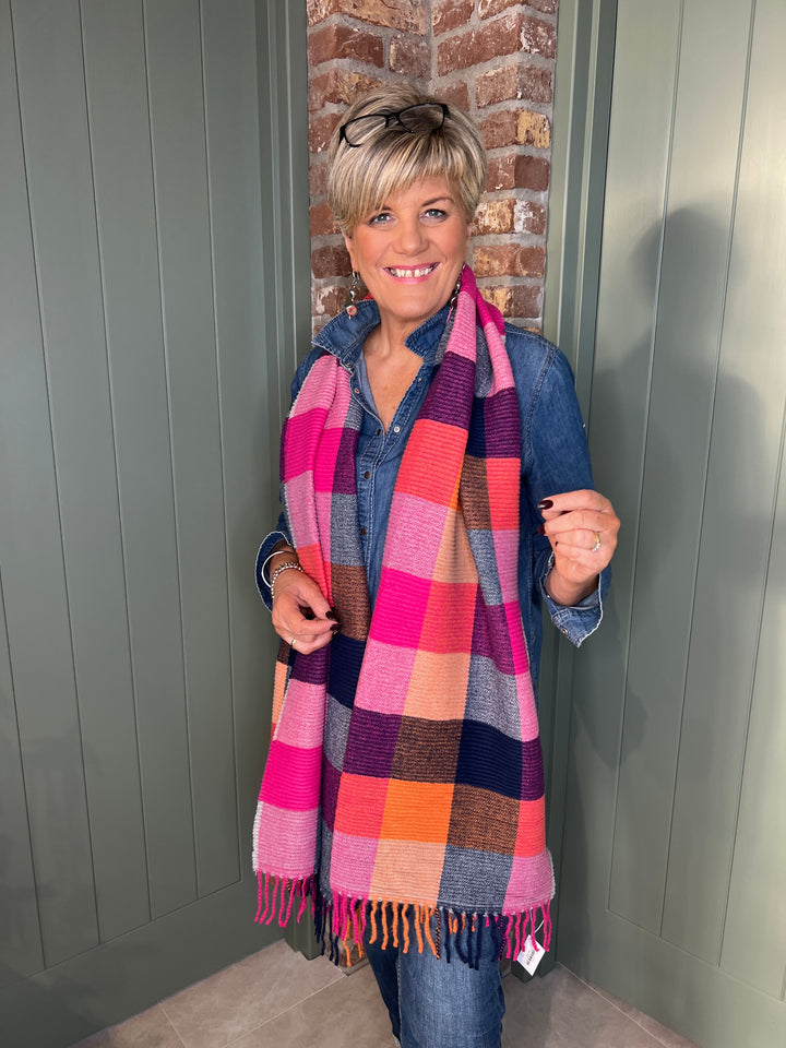 Sophie Pleated Tartan Scarf In Pink Multi