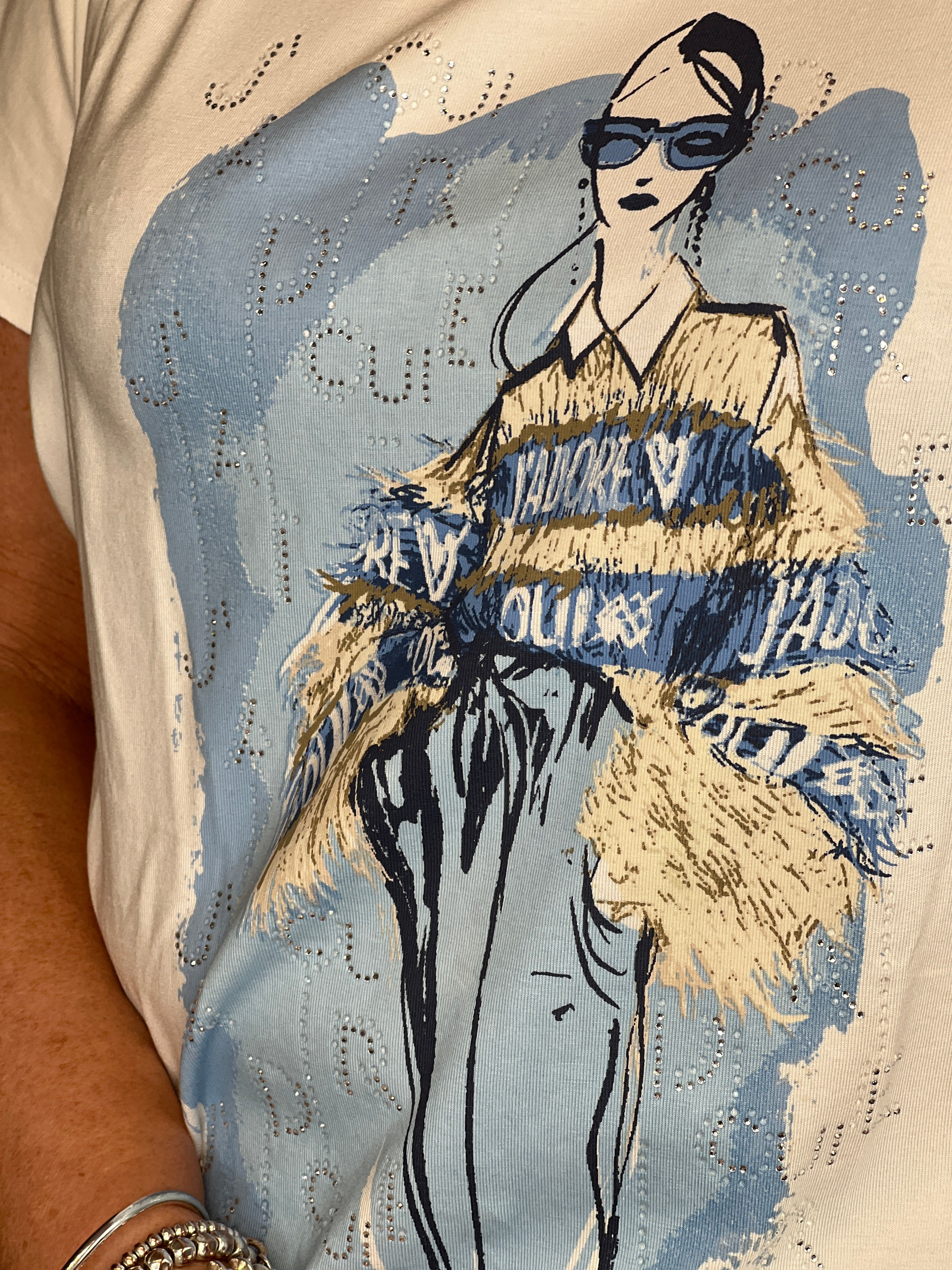 Oui  T-shirt With Lady Print In Cloud Dancer