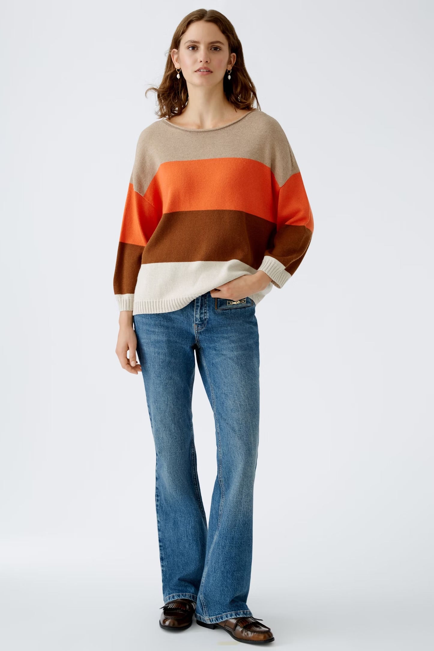 Oui Striped Jumper In Light Stone & Orange